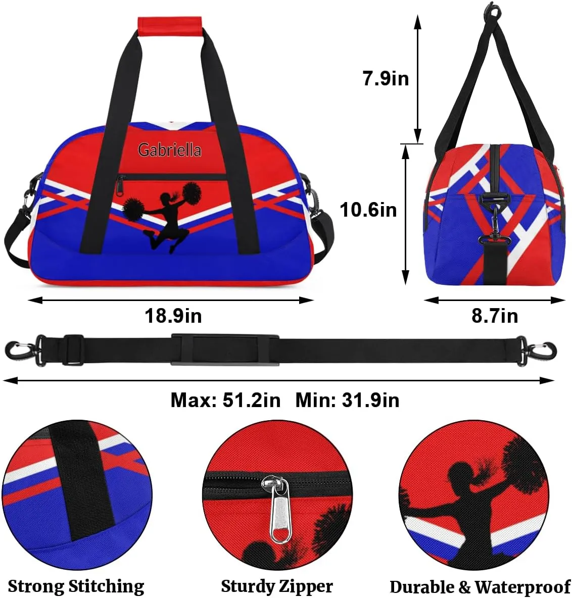 Custom Cheer Cheerleader Bag, Customized Travel Dancing Gym Barrel Bag with Name Camping Carry On Overnight Duffel Bag, Red Royal Blue Black Cheerleader Silhouette