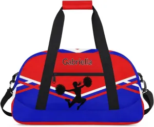 Custom Cheer Cheerleader Bag, Customized Travel Dancing Gym Barrel Bag with Name Camping Carry On Overnight Duffel Bag, Red Royal Blue Black Cheerleader Silhouette