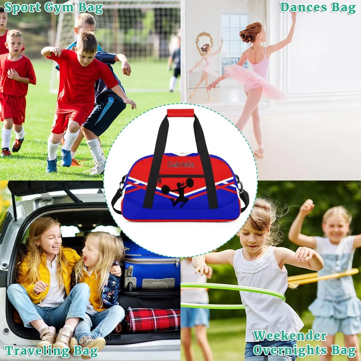 Custom Cheer Cheerleader Bag, Customized Travel Dancing Gym Barrel Bag with Name Camping Carry On Overnight Duffel Bag, Red Royal Blue Black Cheerleader Silhouette