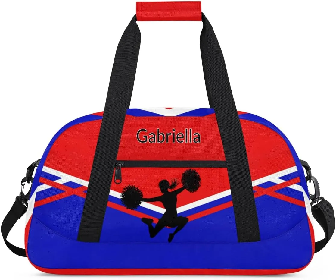 Custom Cheer Cheerleader Bag, Customized Travel Dancing Gym Barrel Bag with Name Camping Carry On Overnight Duffel Bag, Red Royal Blue Black Cheerleader Silhouette