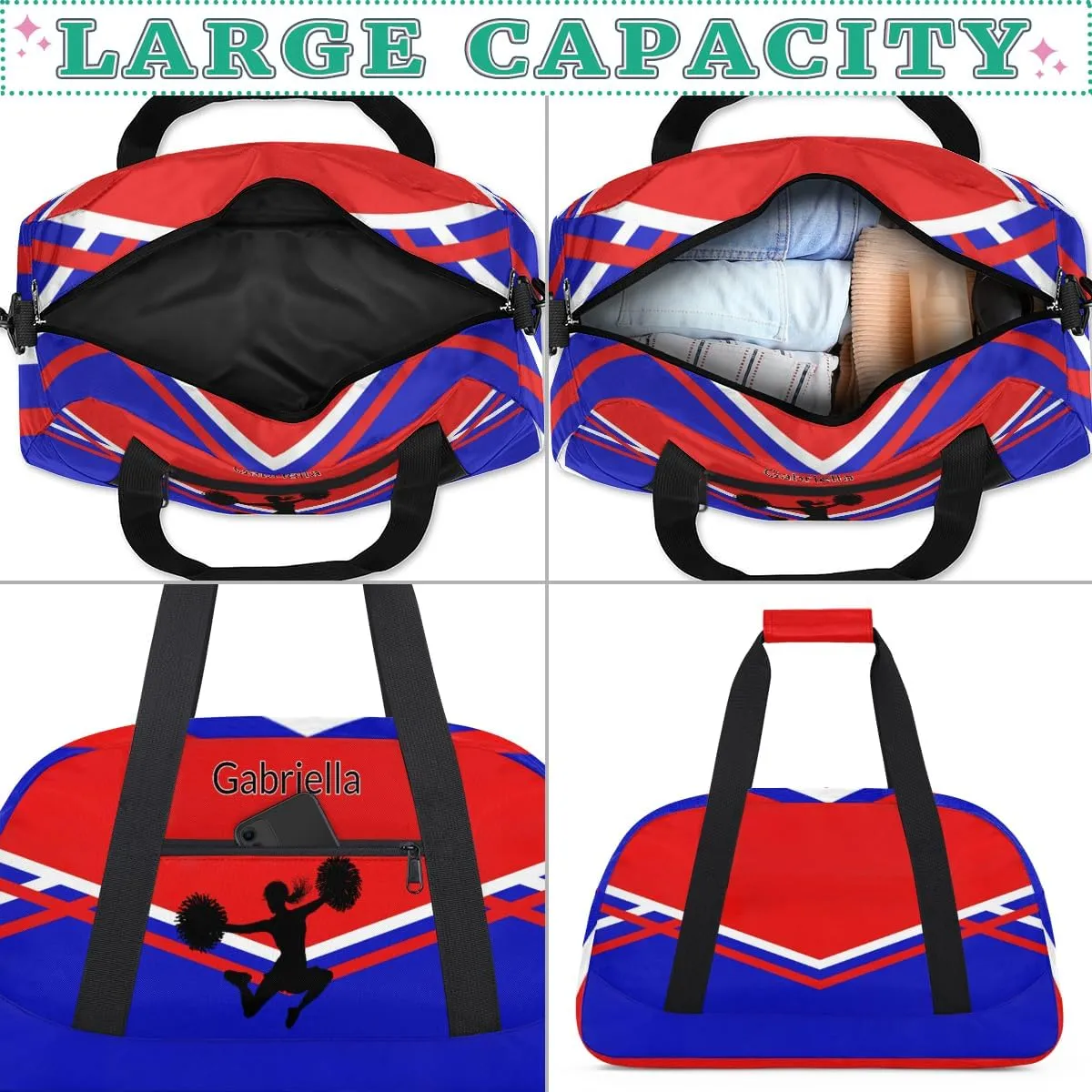 Custom Cheer Cheerleader Bag, Customized Travel Dancing Gym Barrel Bag with Name Camping Carry On Overnight Duffel Bag, Red Royal Blue Black Cheerleader Silhouette