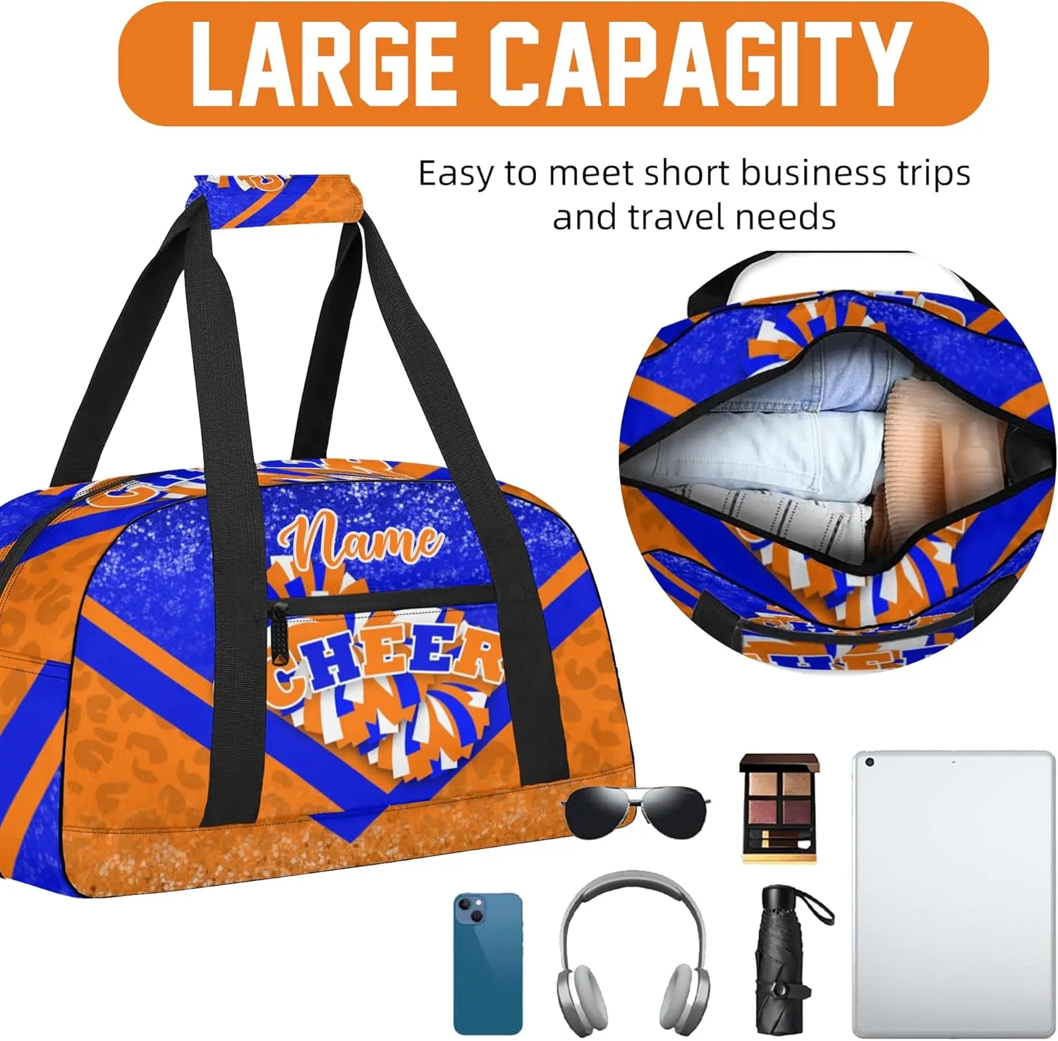 Custom Cheer Duffel Bag for Women, Personalized Cheer Bag for Cheerleader, Duffle Bag with Name, Cheerleading Gym Bag (Blue&Orange)