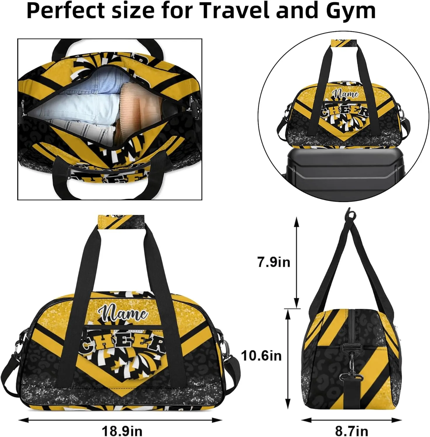 Custom Cheer Duffel Bag for Women, Personalized Cheer Bag for Cheerleader, Duffle Bag with Name, Cheerleading Gym Bag (Gold&Black)