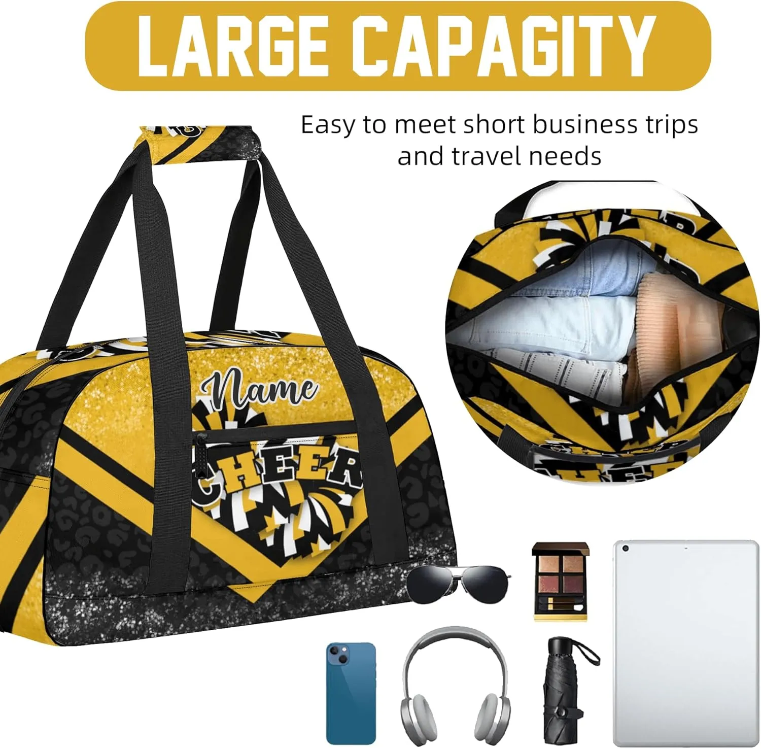 Custom Cheer Duffel Bag for Women, Personalized Cheer Bag for Cheerleader, Duffle Bag with Name, Cheerleading Gym Bag (Gold&Black)