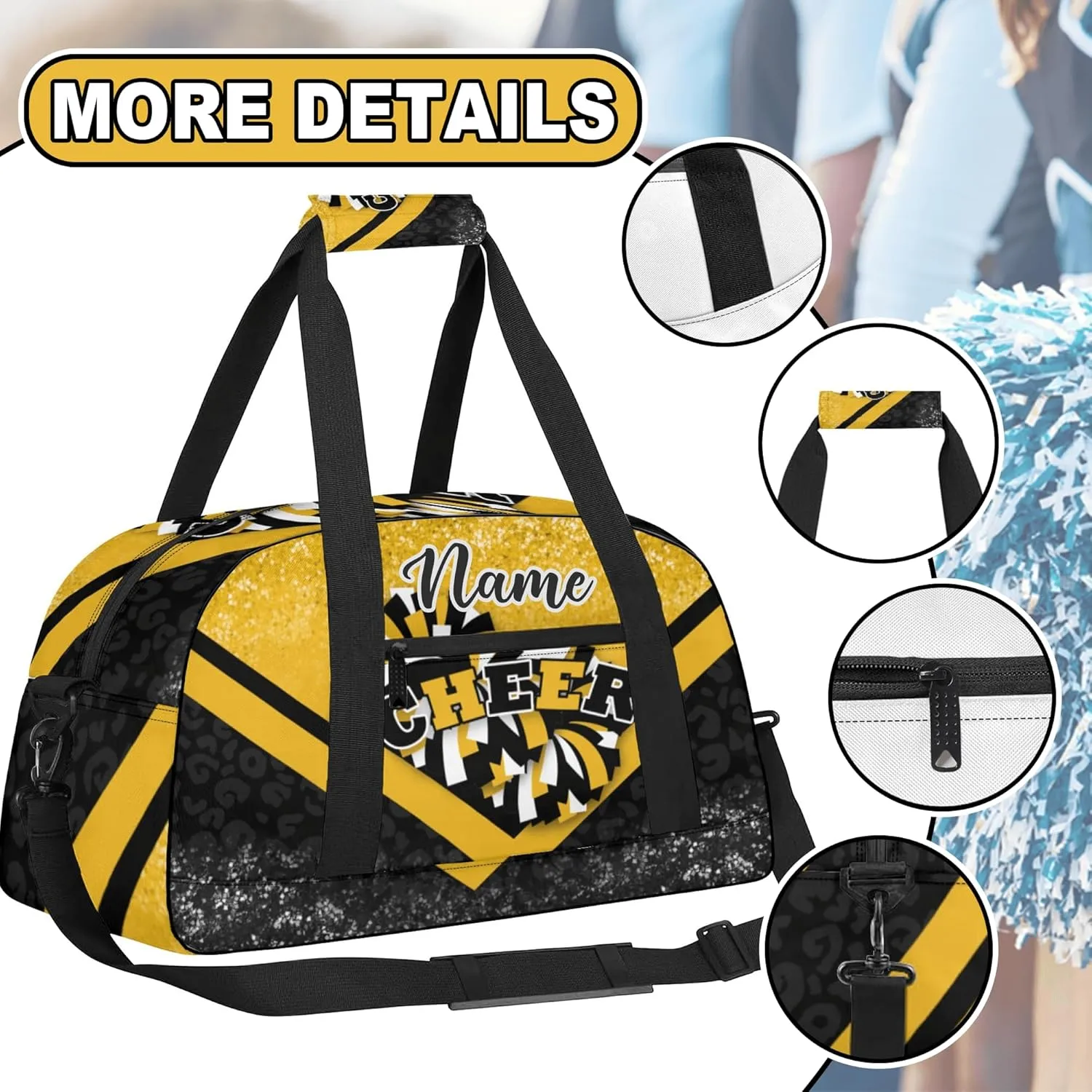 Custom Cheer Duffel Bag for Women, Personalized Cheer Bag for Cheerleader, Duffle Bag with Name, Cheerleading Gym Bag (Gold&Black)