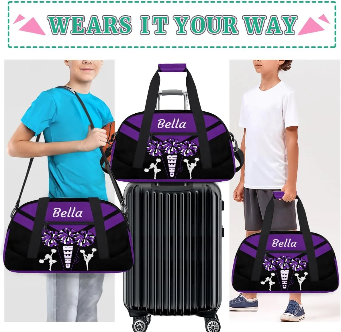 Custom Cheerleader Bag Dance Bag for Girl, Personalized Sport Duffel Gym Bag Weekender Bags Name Duffel Bag, Purple and Black