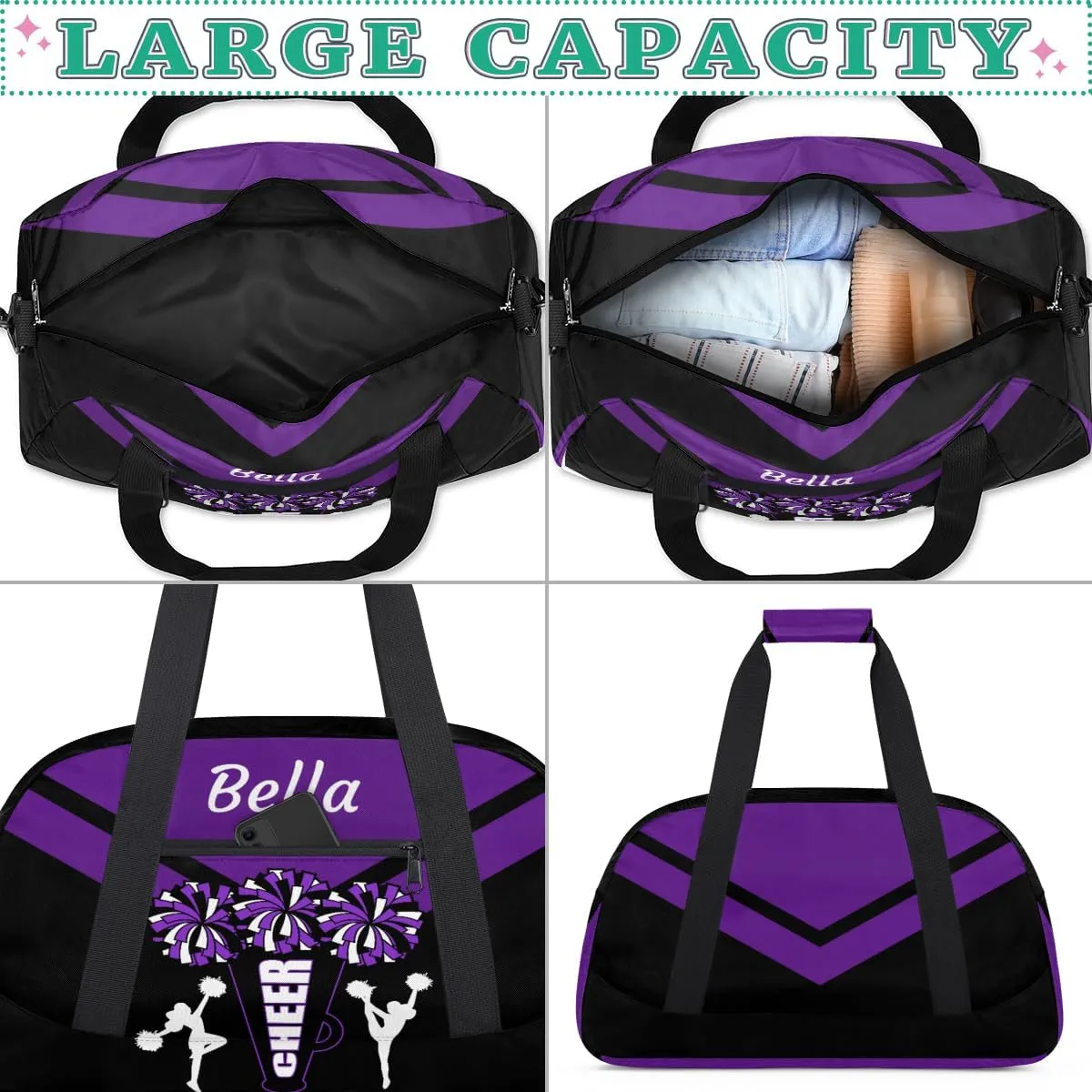 Custom Cheerleader Bag Dance Bag for Girl, Personalized Sport Duffel Gym Bag Weekender Bags Name Duffel Bag, Purple and Black