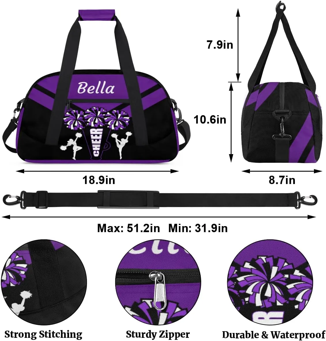 Custom Cheerleader Bag Dance Bag for Girl, Personalized Sport Duffel Gym Bag Weekender Bags Name Duffel Bag, Purple and Black