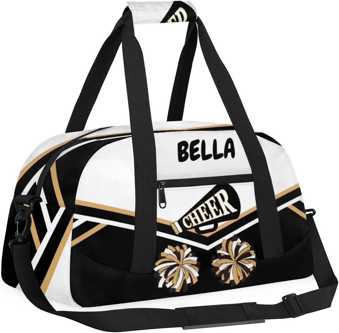 Custom Cheerleader Dance Bag for Teens, Personalized Ballet Dancer Bag Overnight Small Duffel Bag Gymnastics Swimming Sports Bag, Black White Gold