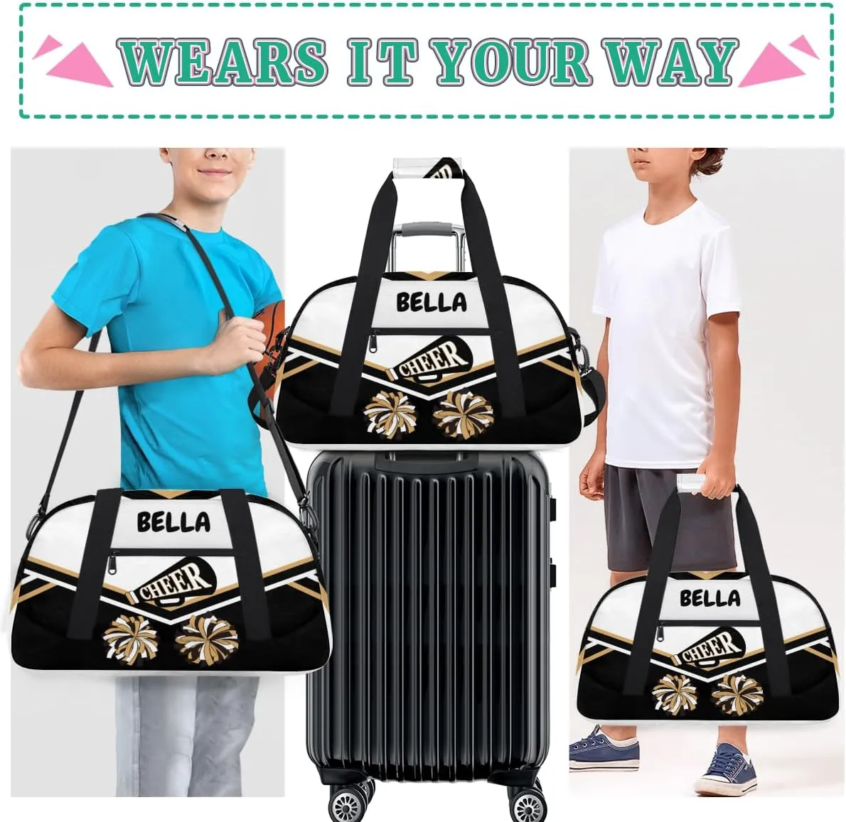 Custom Cheerleader Dance Bag for Teens, Personalized Ballet Dancer Bag Overnight Small Duffel Bag Gymnastics Swimming Sports Bag, Black White Gold