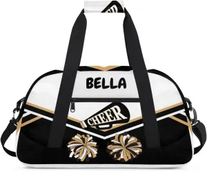 Custom Cheerleader Dance Bag for Teens, Personalized Ballet Dancer Bag Overnight Small Duffel Bag Gymnastics Swimming Sports Bag, Black White Gold