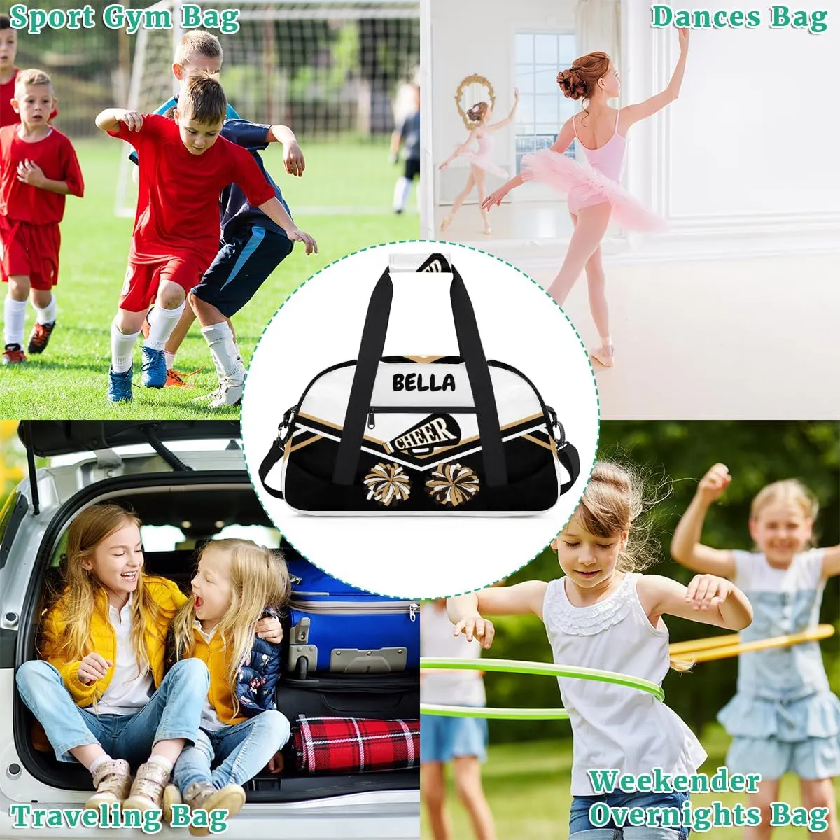 Custom Cheerleader Dance Bag for Teens, Personalized Ballet Dancer Bag Overnight Small Duffel Bag Gymnastics Swimming Sports Bag, Black White Gold