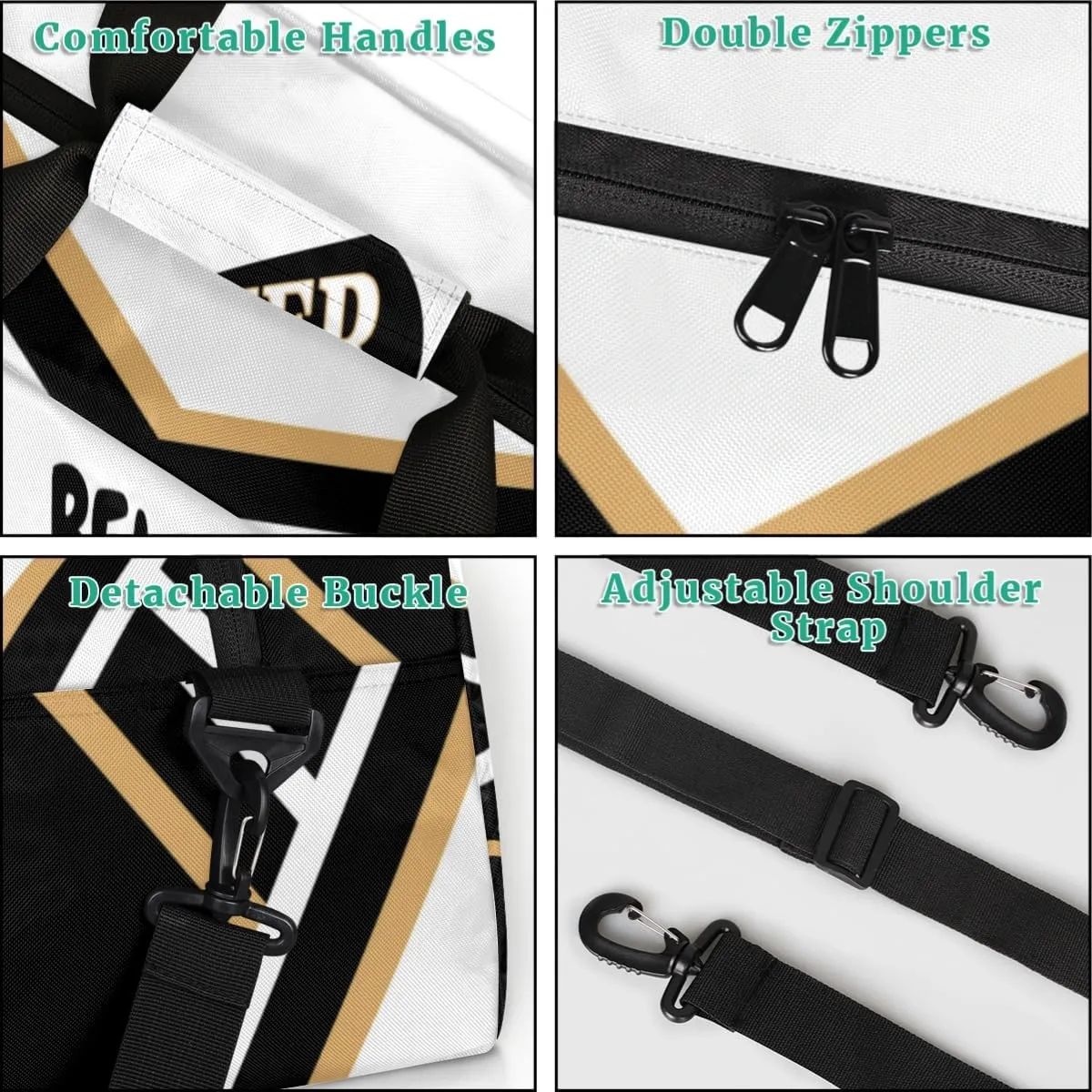 Custom Cheerleader Dance Bag for Teens, Personalized Ballet Dancer Bag Overnight Small Duffel Bag Gymnastics Swimming Sports Bag, Black White Gold