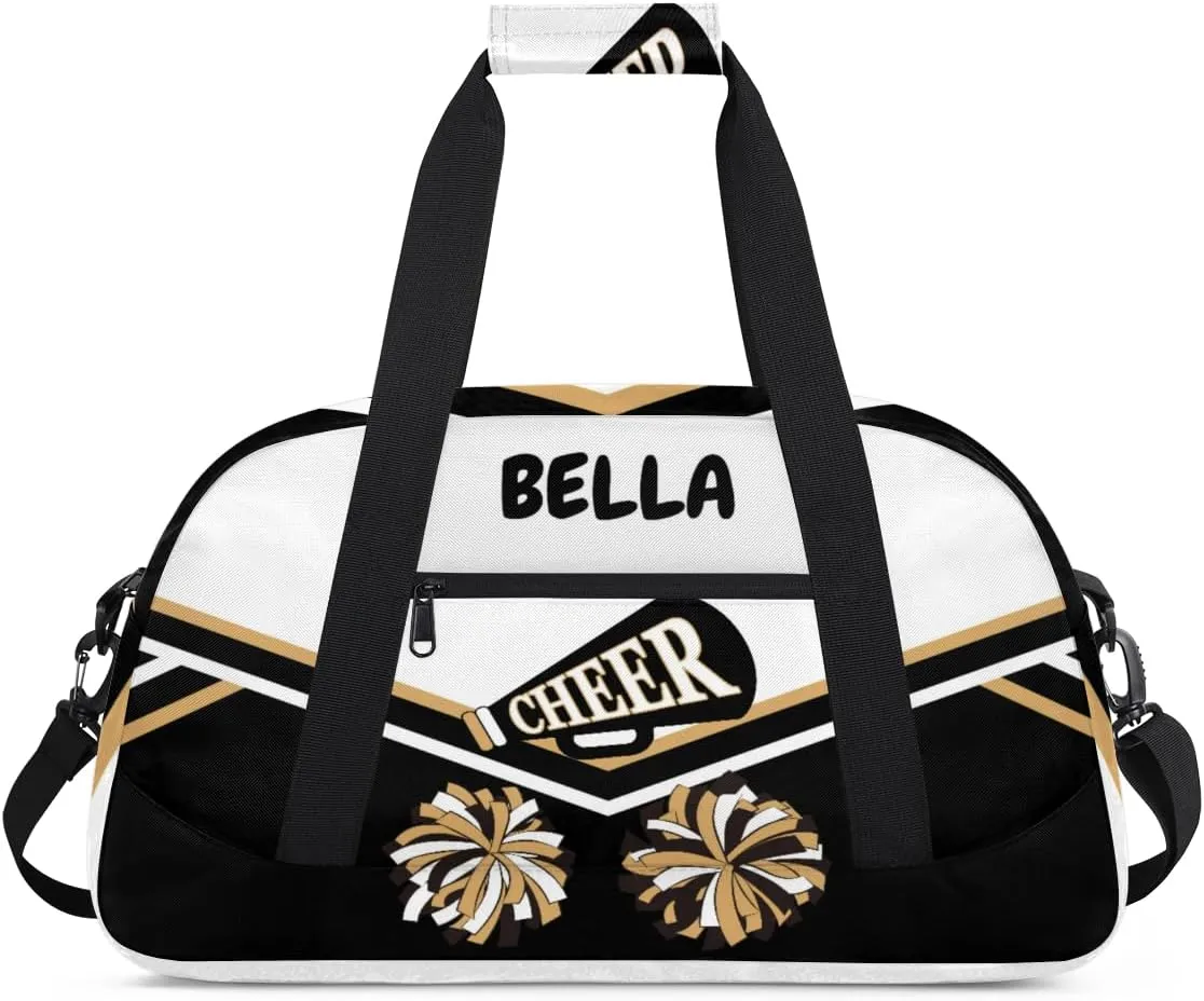 Custom Cheerleader Dance Bag for Teens, Personalized Ballet Dancer Bag Overnight Small Duffel Bag Gymnastics Swimming Sports Bag, Black White Gold
