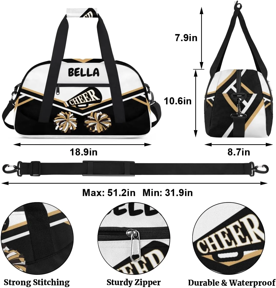 Custom Cheerleader Dance Bag for Teens, Personalized Ballet Dancer Bag Overnight Small Duffel Bag Gymnastics Swimming Sports Bag, Black White Gold