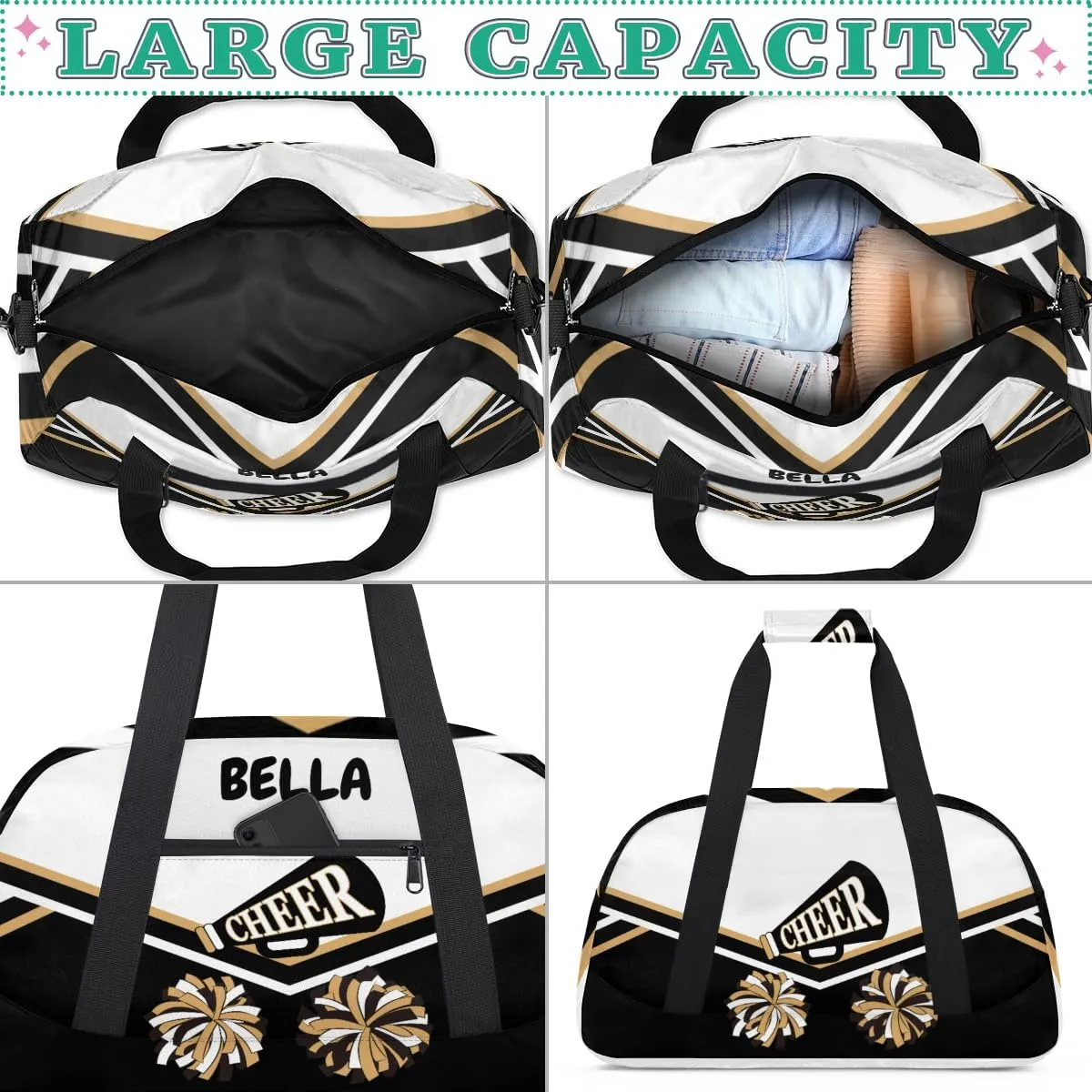 Custom Cheerleader Dance Bag for Teens, Personalized Ballet Dancer Bag Overnight Small Duffel Bag Gymnastics Swimming Sports Bag, Black White Gold