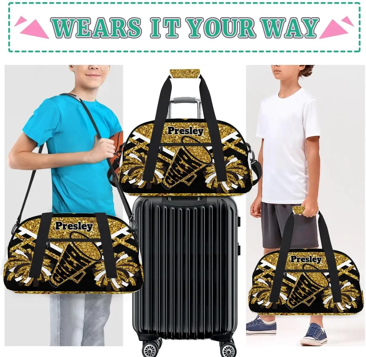 Custom Cheerleaders Dance Bag for Girls, Personalized Dance Ballet Bag for Teens Girls Waterproof Weekender Practice Travel Sports Duffel Gym Bag, Gold Sequins with Black