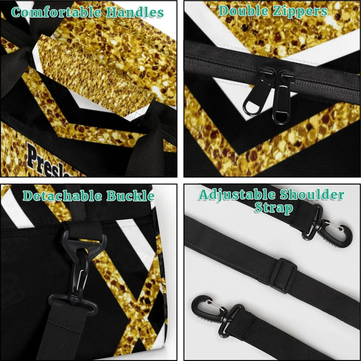 Custom Cheerleaders Dance Bag for Girls, Personalized Dance Ballet Bag for Teens Girls Waterproof Weekender Practice Travel Sports Duffel Gym Bag, Gold Sequins with Black