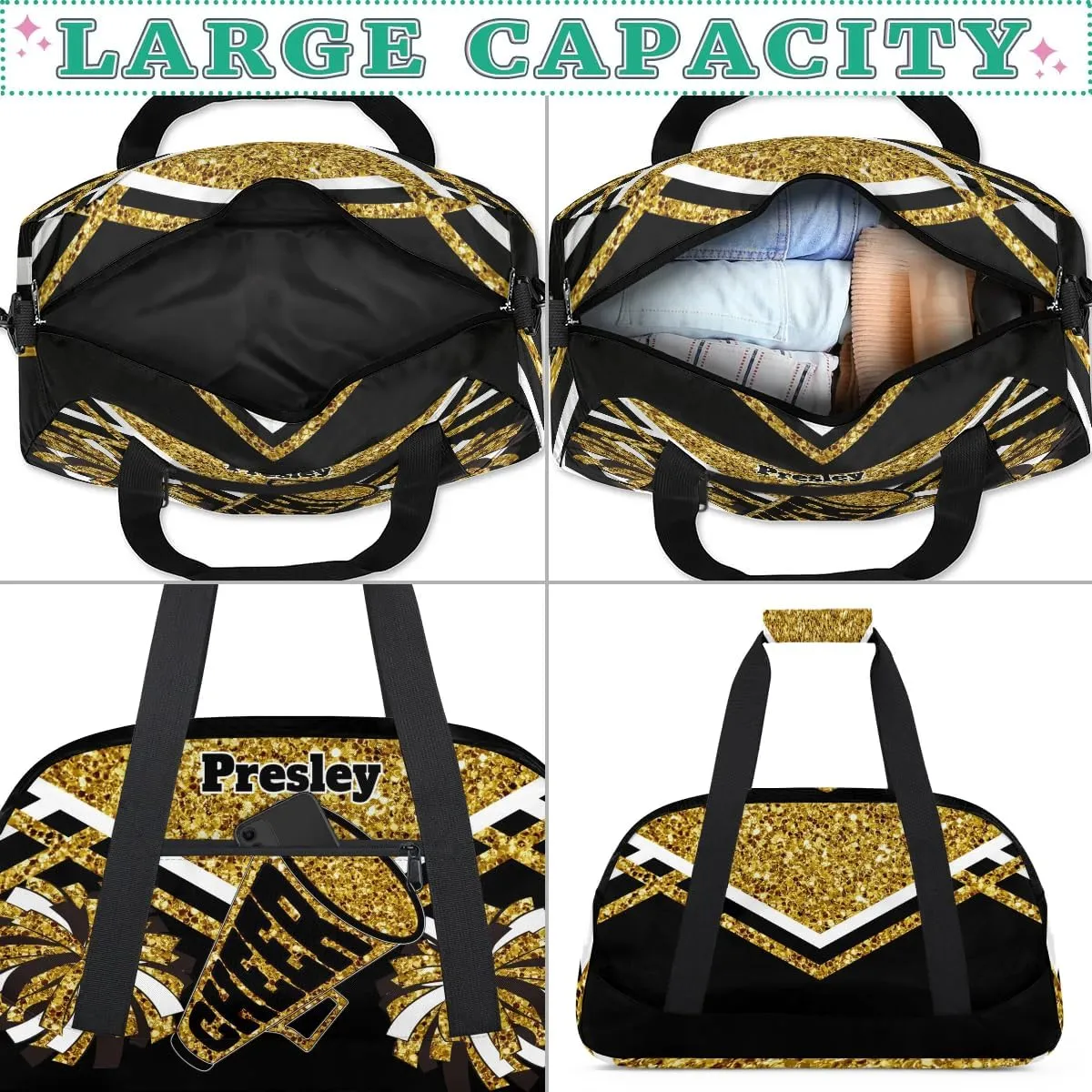 Custom Cheerleaders Dance Bag for Girls, Personalized Dance Ballet Bag for Teens Girls Waterproof Weekender Practice Travel Sports Duffel Gym Bag, Gold Sequins with Black