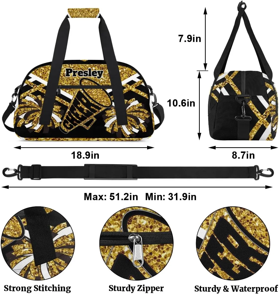 Custom Cheerleaders Dance Bag for Girls, Personalized Dance Ballet Bag for Teens Girls Waterproof Weekender Practice Travel Sports Duffel Gym Bag, Gold Sequins with Black