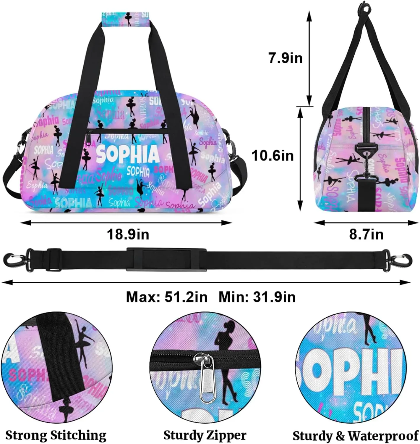 Custom Dance Ballet Bag, Personalized Duffle Bag with Name Overnight Toddler Gym Duffle Bag Travel Weekend Sleepover Bag, Pink with Blue Color Galaxy Background