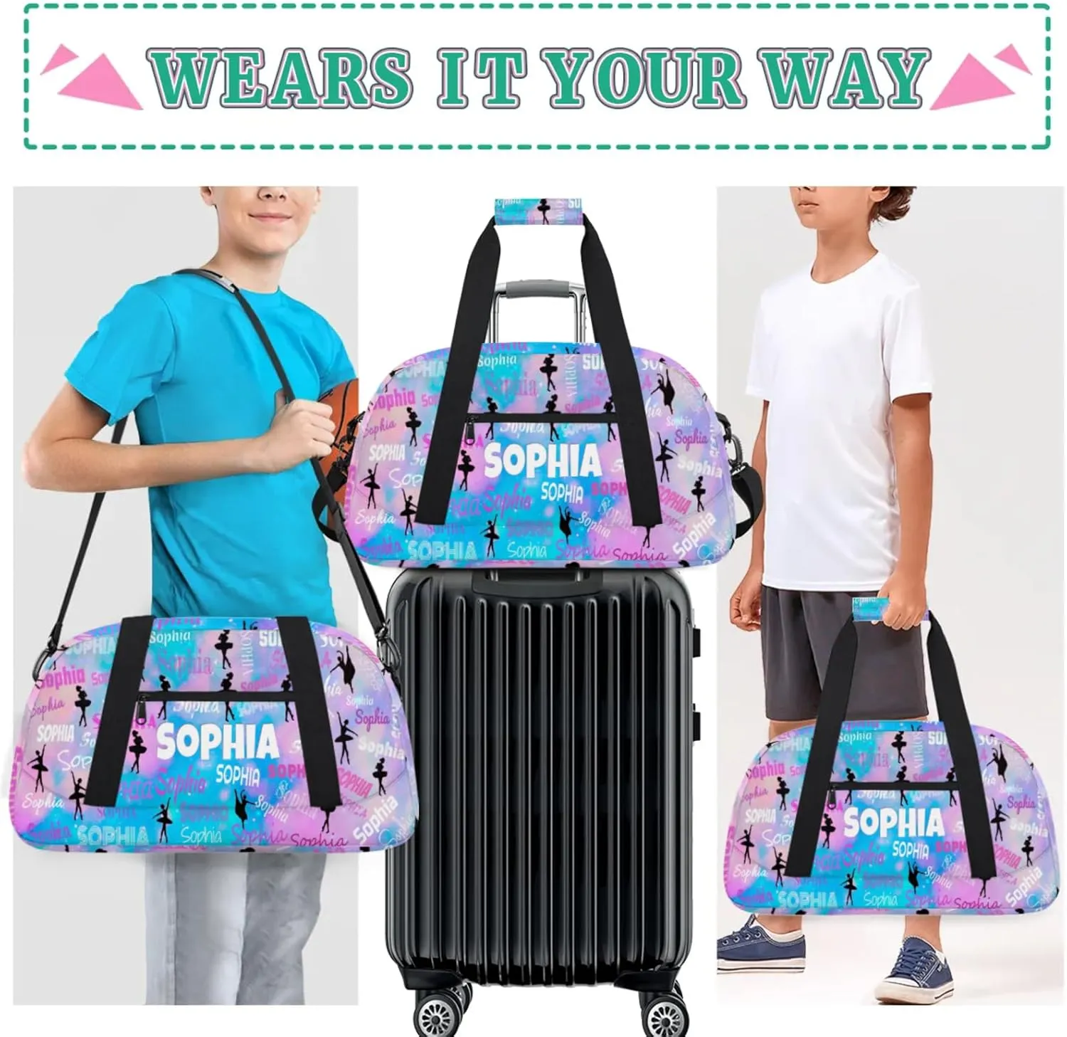 Custom Dance Ballet Bag, Personalized Duffle Bag with Name Overnight Toddler Gym Duffle Bag Travel Weekend Sleepover Bag, Pink with Blue Color Galaxy Background