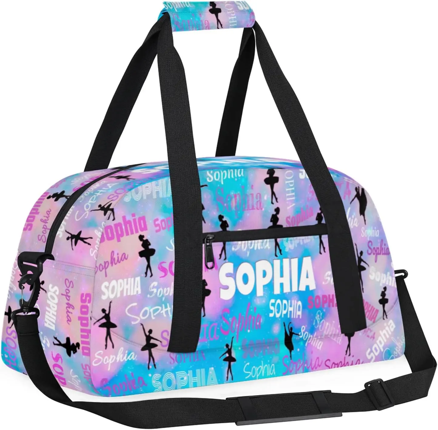 Custom Dance Ballet Bag, Personalized Duffle Bag with Name Overnight Toddler Gym Duffle Bag Travel Weekend Sleepover Bag, Pink with Blue Color Galaxy Background