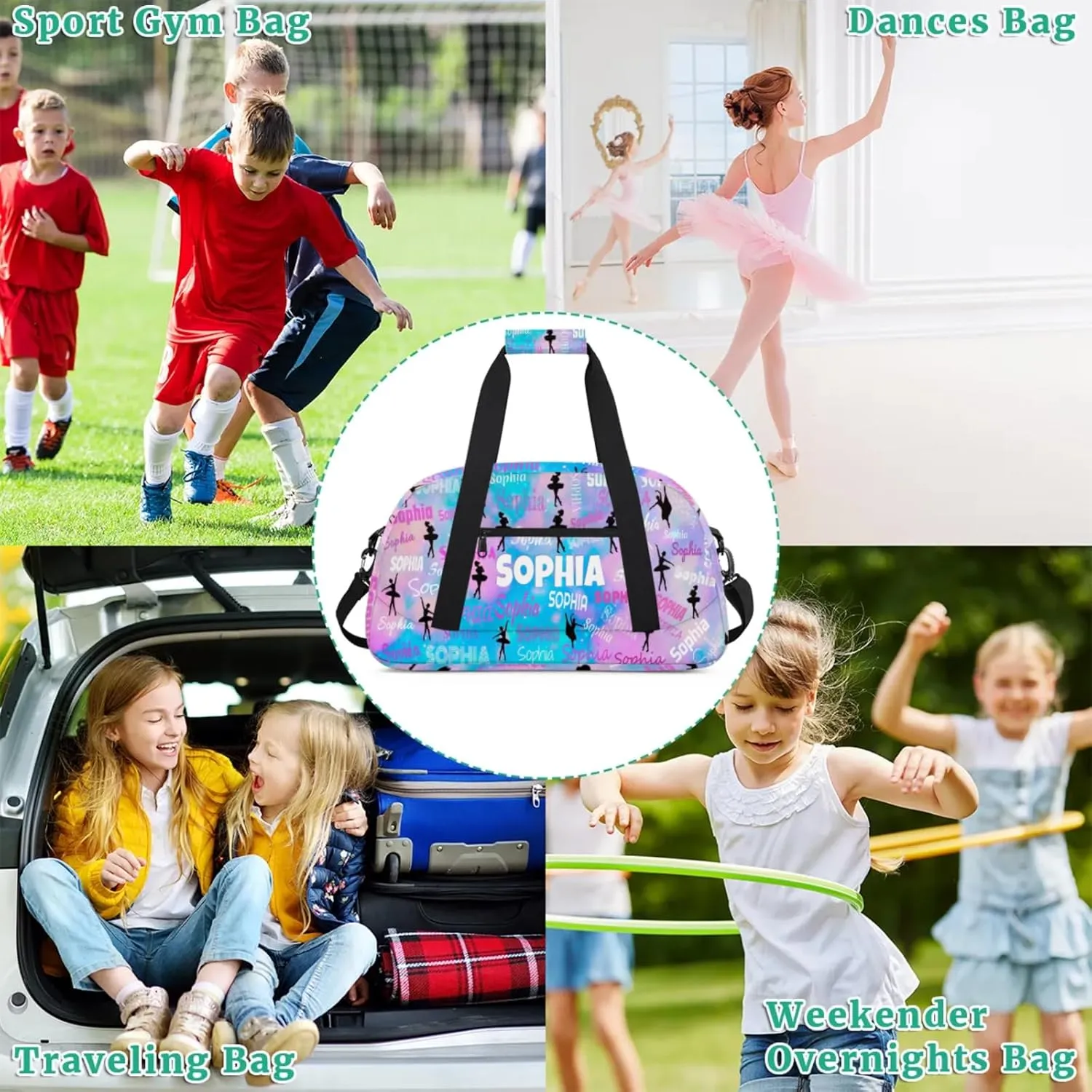 Custom Dance Ballet Bag, Personalized Duffle Bag with Name Overnight Toddler Gym Duffle Bag Travel Weekend Sleepover Bag, Pink with Blue Color Galaxy Background