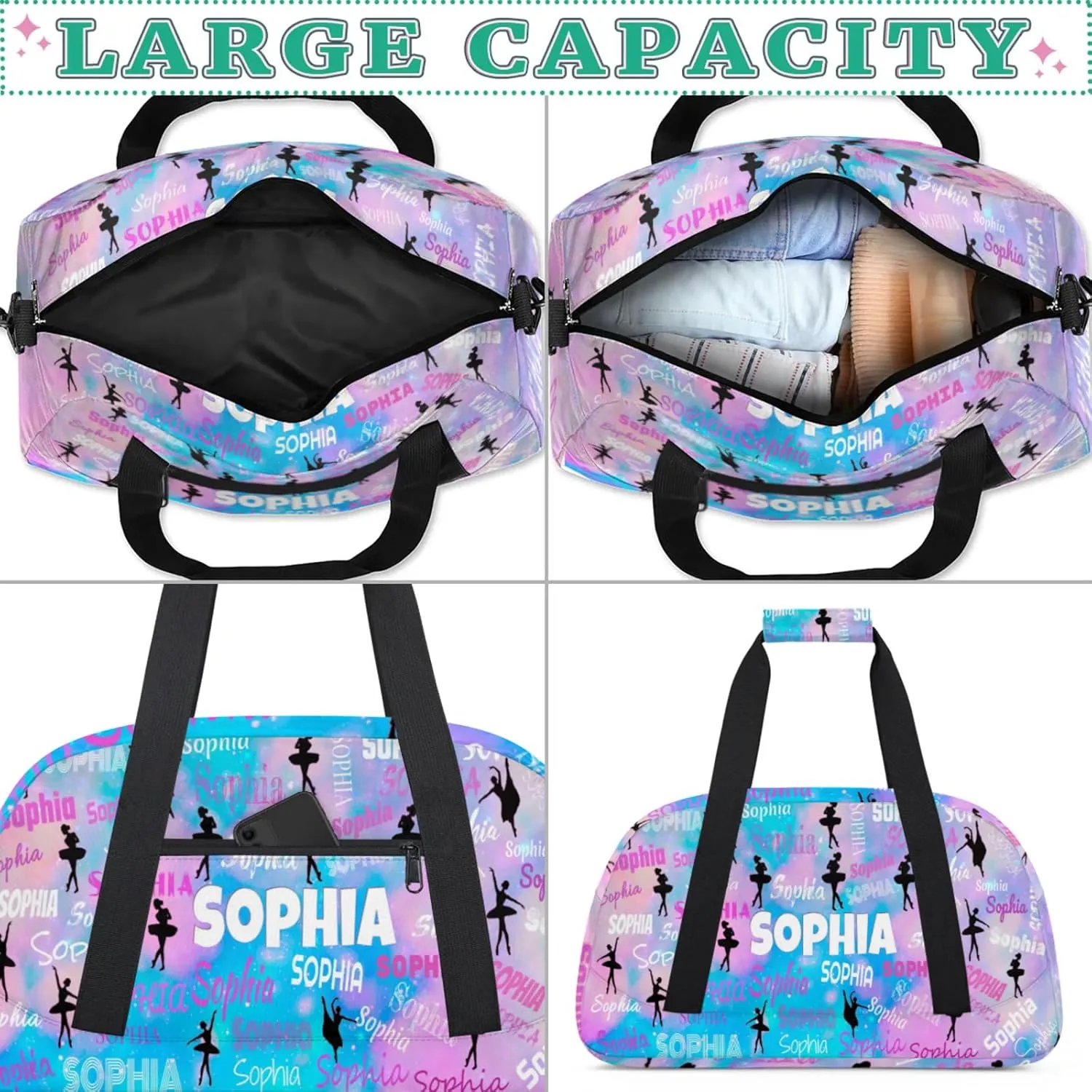 Custom Dance Ballet Bag, Personalized Duffle Bag with Name Overnight Toddler Gym Duffle Bag Travel Weekend Sleepover Bag, Pink with Blue Color Galaxy Background