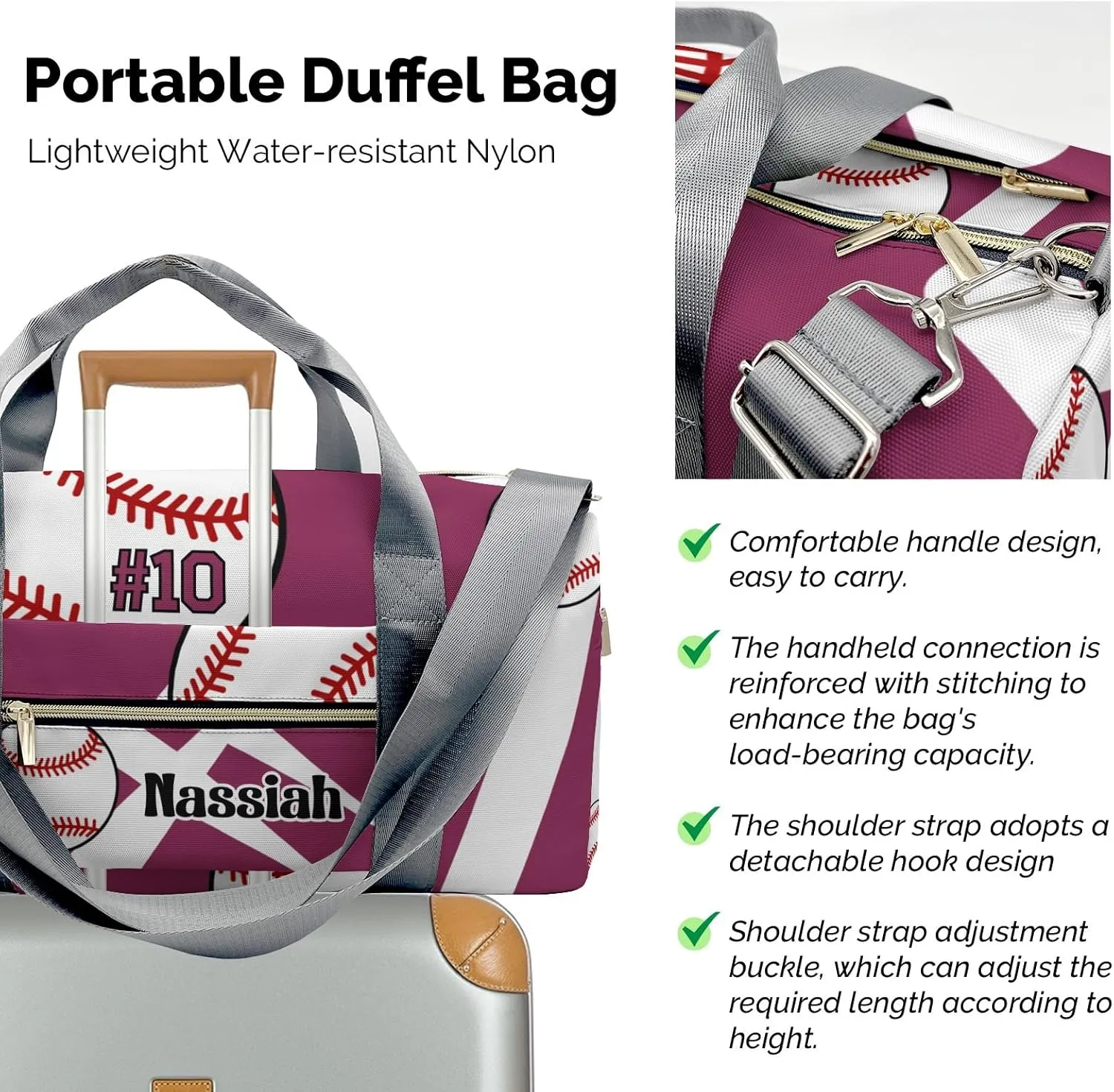 Custom Duffel Overnight Travel Bag for Sports Workout Girls Boys,Team Baseball Red Plum Personalized Duffle Bag Gifts