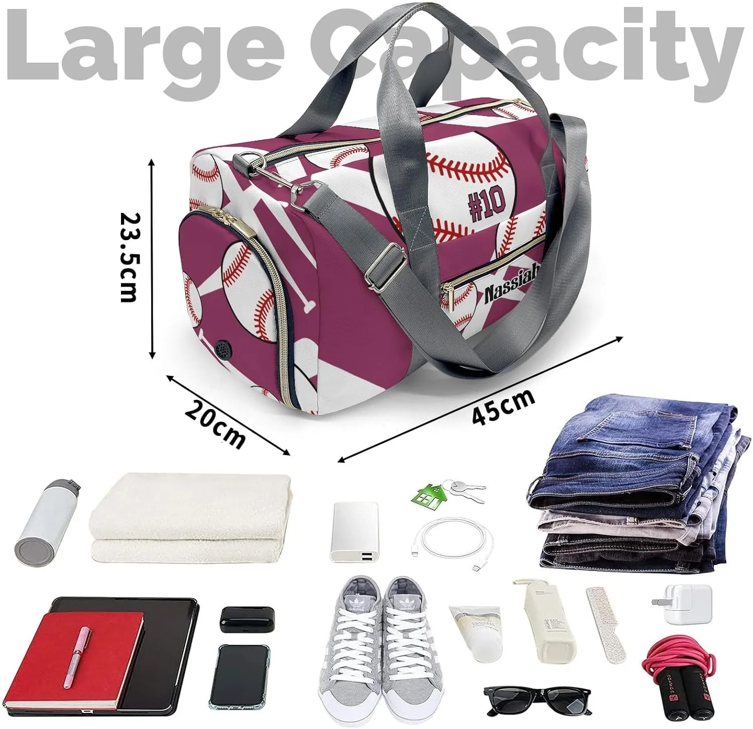 Custom Duffel Overnight Travel Bag for Sports Workout Girls Boys,Team Baseball Red Plum Personalized Duffle Bag Gifts