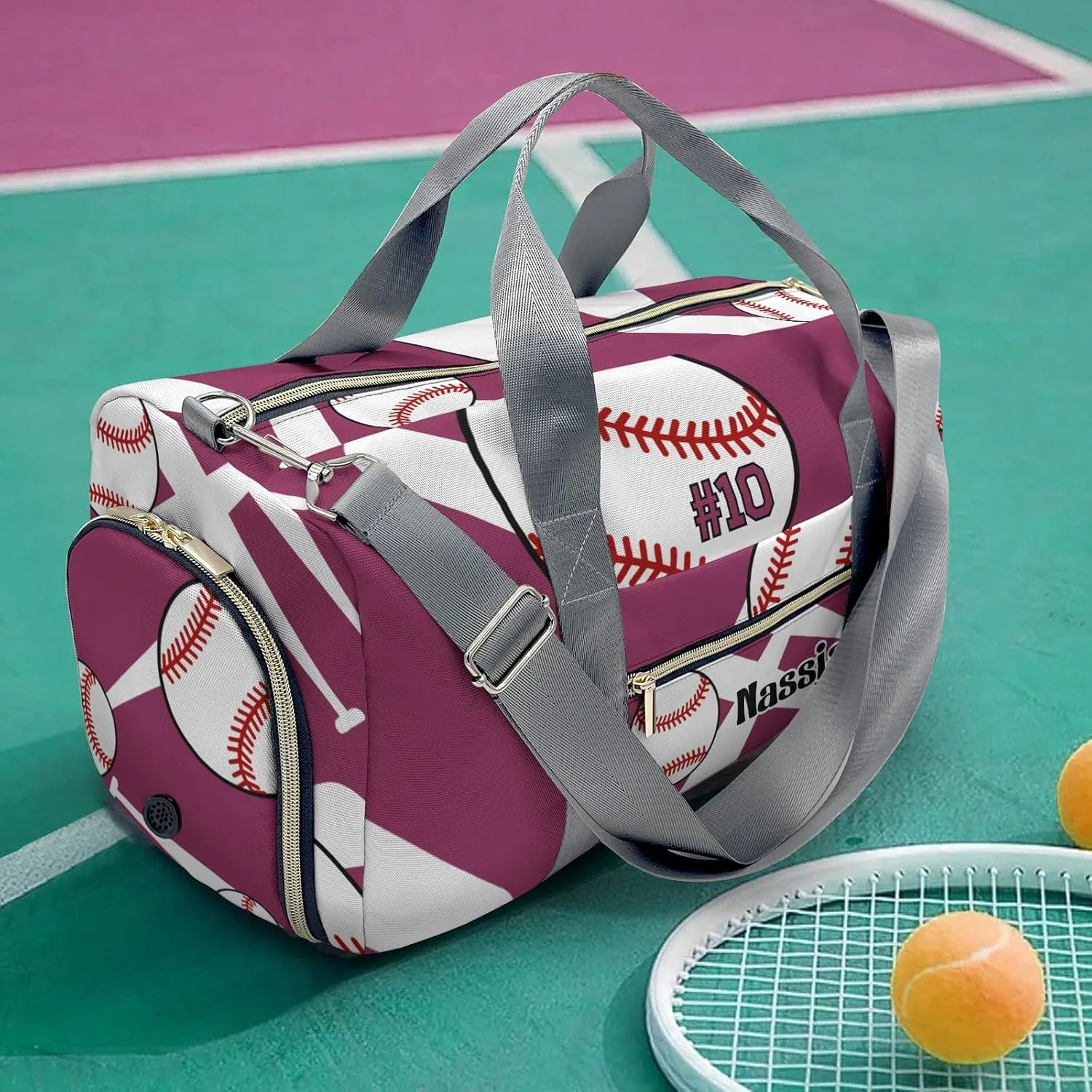 Custom Duffel Overnight Travel Bag for Sports Workout Girls Boys,Team Baseball Red Plum Personalized Duffle Bag Gifts