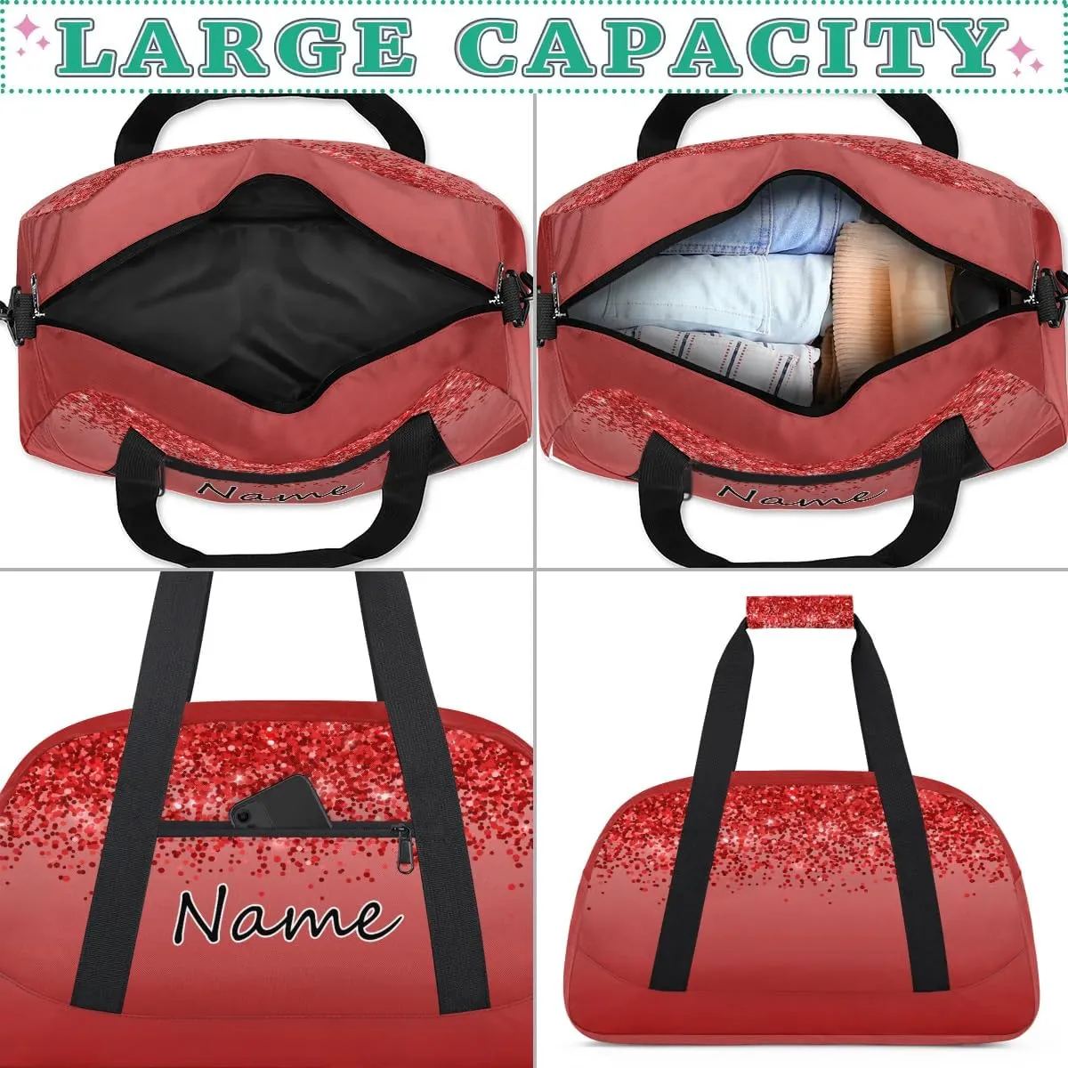 Custom Gym Bag for Women Men, Personalized Duffel Bag with Name, Small Sports Gym Bag Travel Duffle Bag Weekender Carry On Overnight Bags Red Glitter