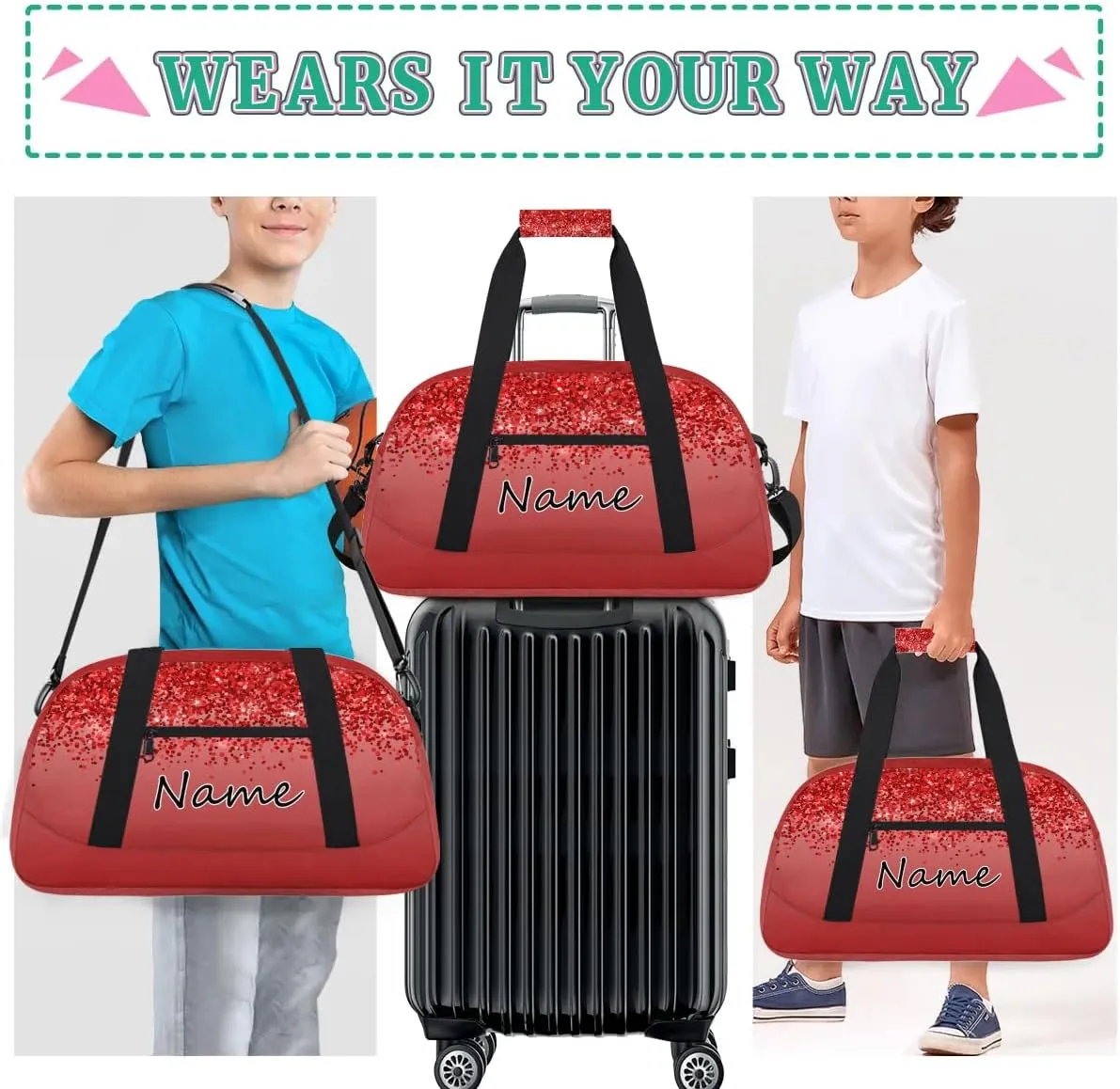 Custom Gym Bag for Women Men, Personalized Duffel Bag with Name, Small Sports Gym Bag Travel Duffle Bag Weekender Carry On Overnight Bags Red Glitter