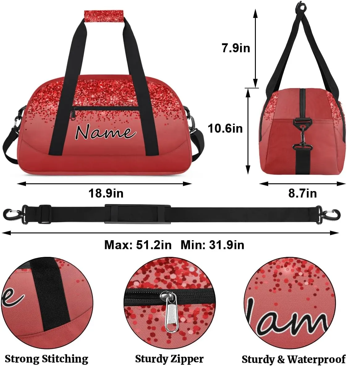 Custom Gym Bag for Women Men, Personalized Duffel Bag with Name, Small Sports Gym Bag Travel Duffle Bag Weekender Carry On Overnight Bags Red Glitter