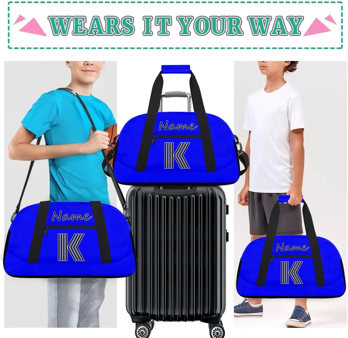 Custom Gym Bag for Women Men, Personalized Initial Duffel Bag with Name, Small Sports Gym Bag Travel Duffle Bag Weekender Carry On Overnight Bags Blue