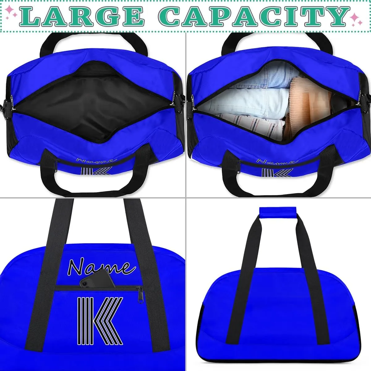Custom Gym Bag for Women Men, Personalized Initial Duffel Bag with Name, Small Sports Gym Bag Travel Duffle Bag Weekender Carry On Overnight Bags Blue