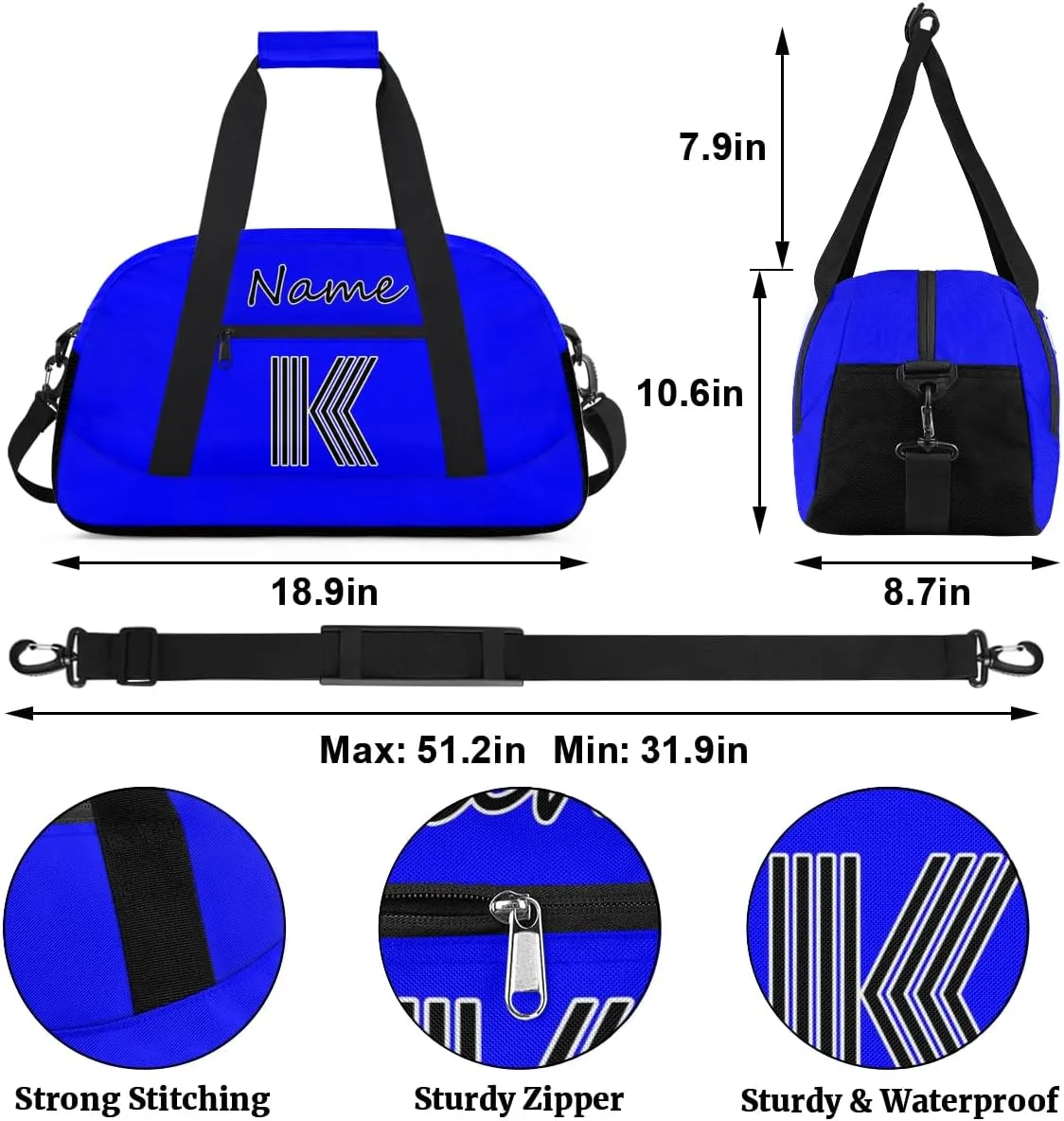 Custom Gym Bag for Women Men, Personalized Initial Duffel Bag with Name, Small Sports Gym Bag Travel Duffle Bag Weekender Carry On Overnight Bags Blue