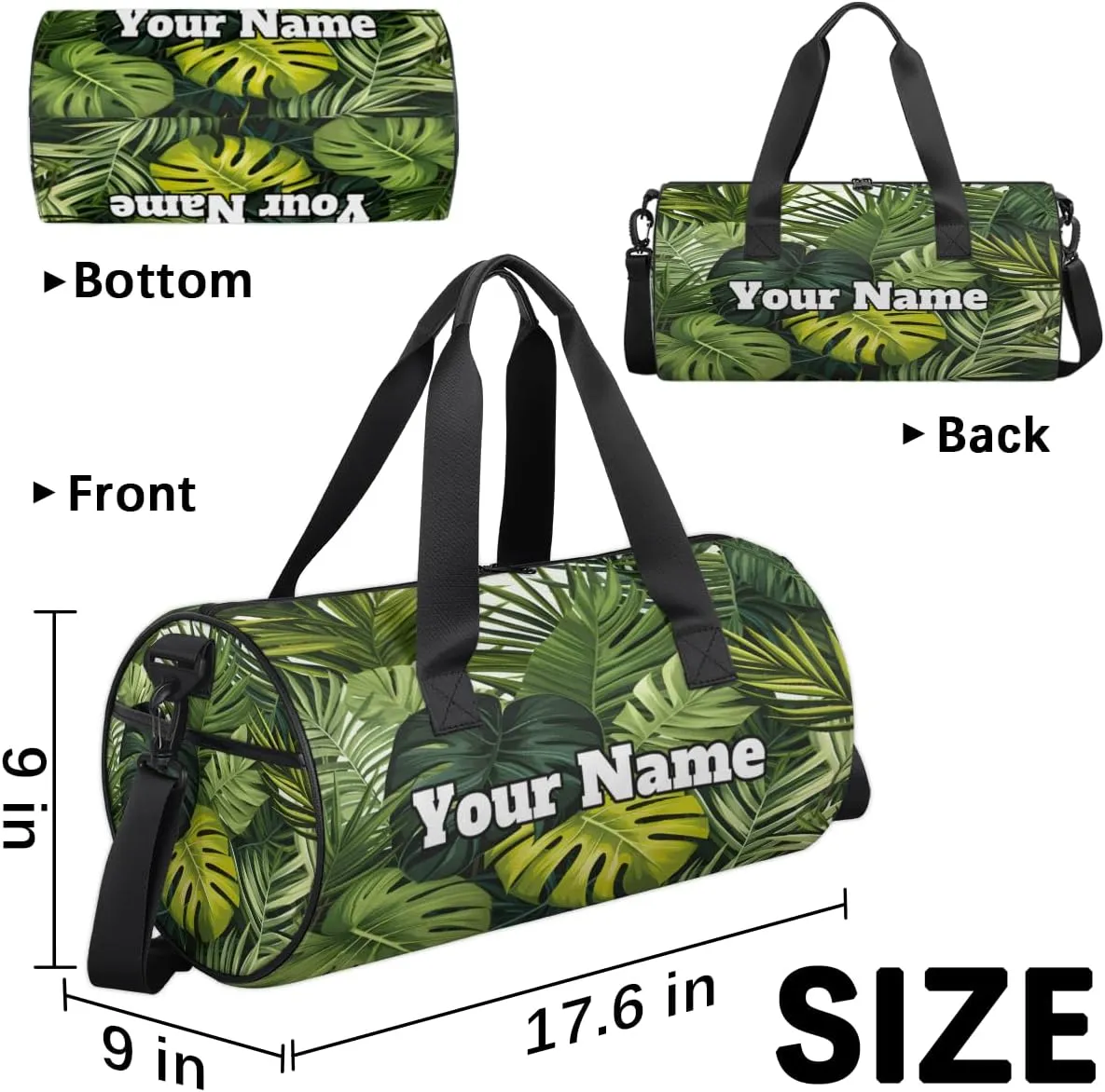 Custom Gym Bag for Women Men with Name, Personalized Palm Leaves Duffel Bag for Sports, Waterproof Dance Bag, Lightweight Carryon Gym Bag, Tropical Palm Leaves