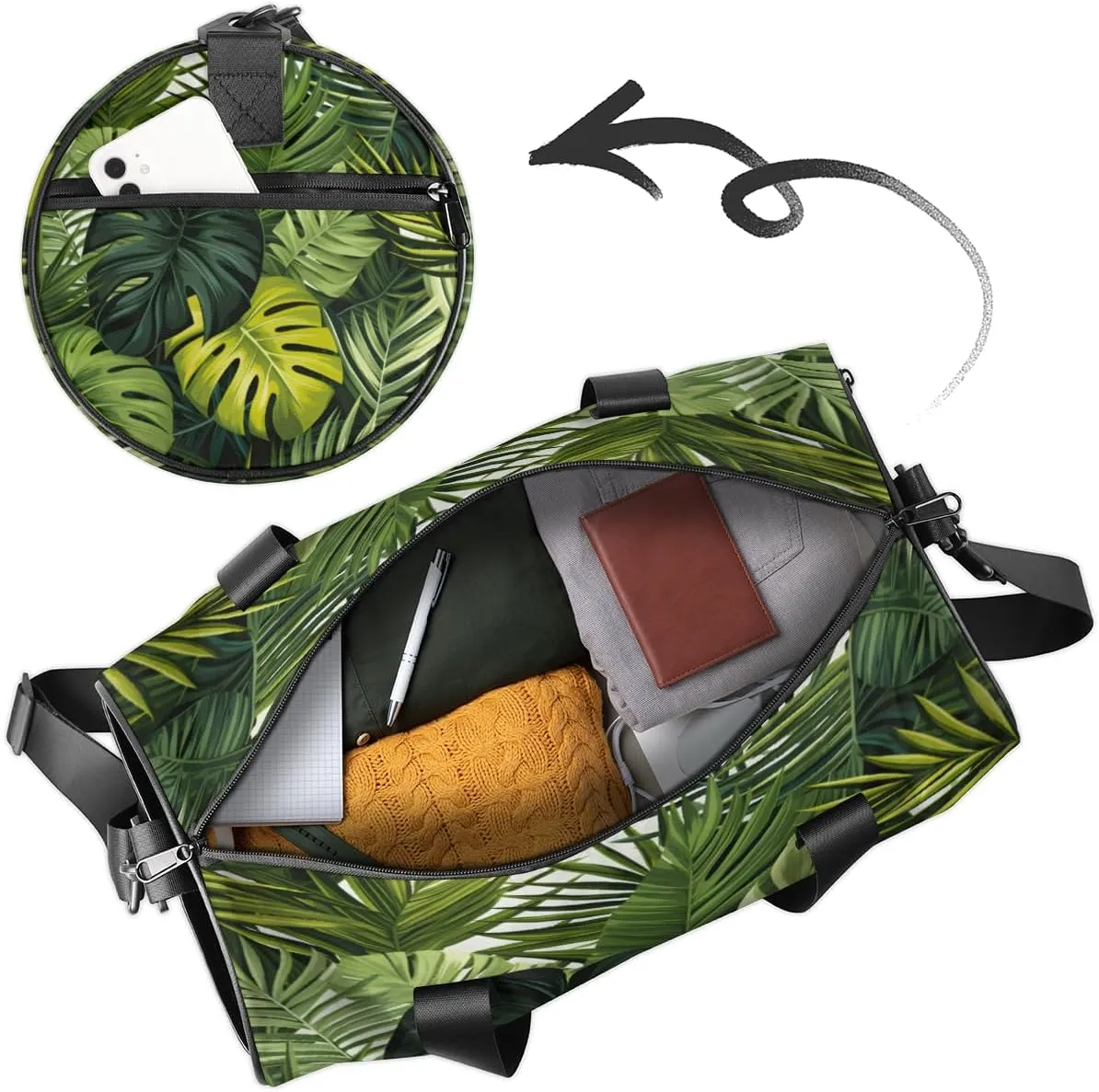 Custom Gym Bag for Women Men with Name, Personalized Palm Leaves Duffel Bag for Sports, Waterproof Dance Bag, Lightweight Carryon Gym Bag, Tropical Palm Leaves
