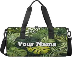 Custom Gym Bag for Women Men with Name, Personalized Palm Leaves Duffel Bag for Sports, Waterproof Dance Bag, Lightweight Carryon Gym Bag, Tropical Palm Leaves