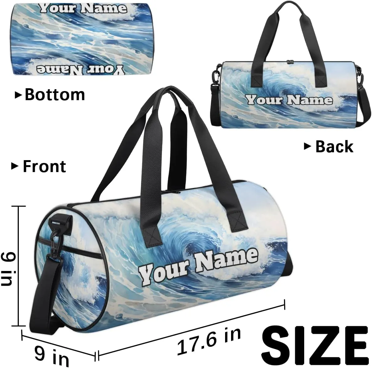 Custom Gym Bag for Women Men with Name, Personalized Summer Ocean Duffel Bag for Sports, Waterproof Dance Bag, Lightweight Carryon Gym Bag, Ocean Waves