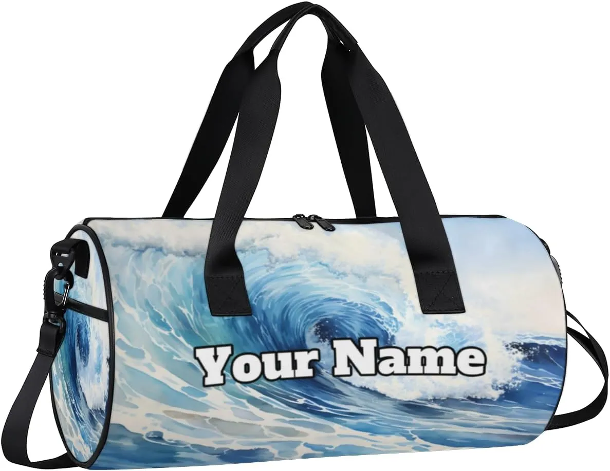 Custom Gym Bag for Women Men with Name, Personalized Summer Ocean Duffel Bag for Sports, Waterproof Dance Bag, Lightweight Carryon Gym Bag, Ocean Waves