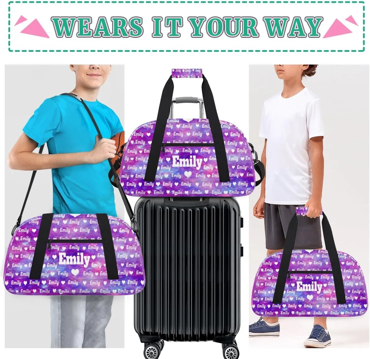 Custom Gym Dance Bag for Girls, Personalized Sports Bag for Teens Girls Waterproof Weekender Carry Practice Travel Bag, Watercolor Purple Galaxy Universe