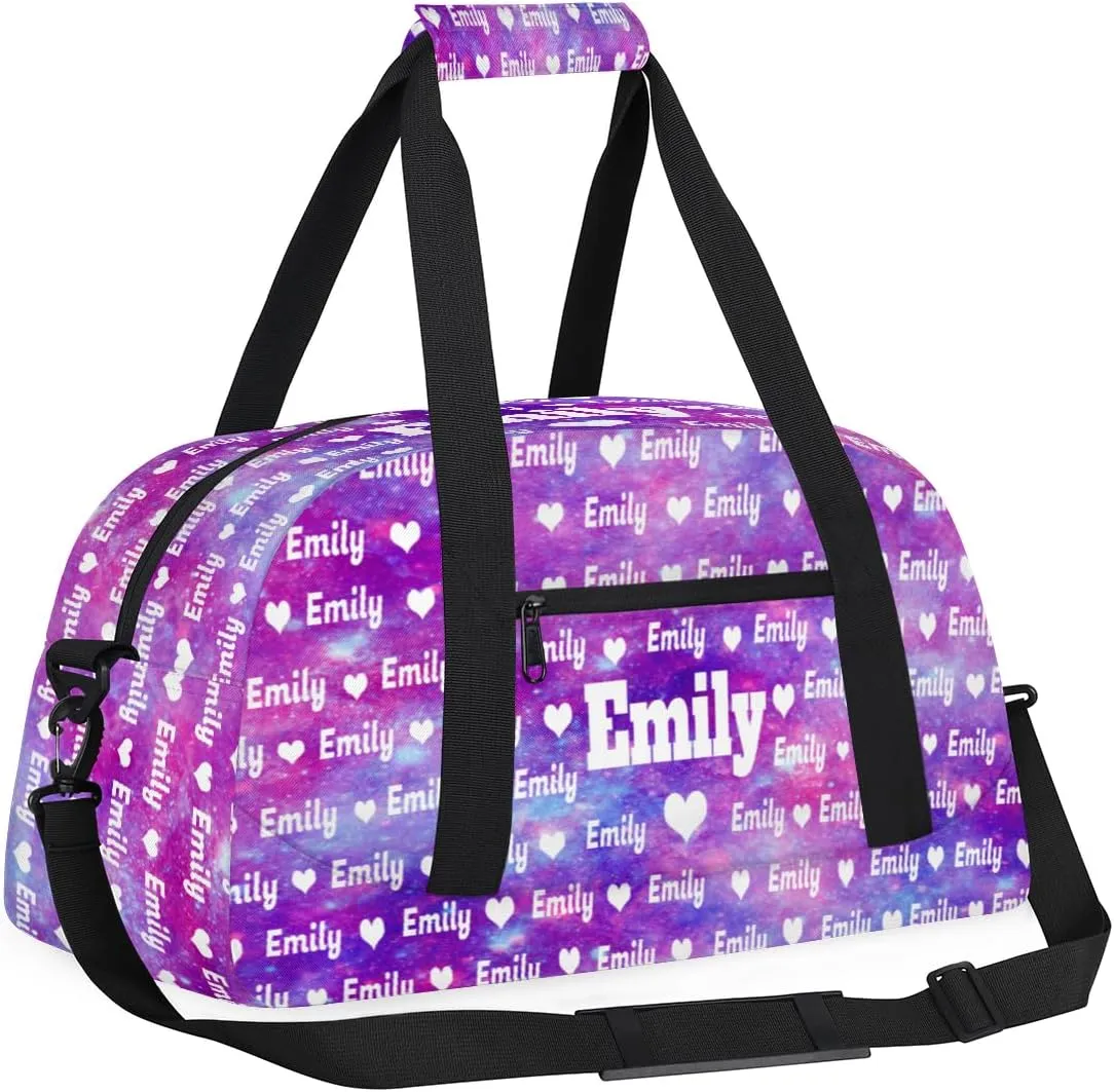 Custom Gym Dance Bag for Girls, Personalized Sports Bag for Teens Girls Waterproof Weekender Carry Practice Travel Bag, Watercolor Purple Galaxy Universe