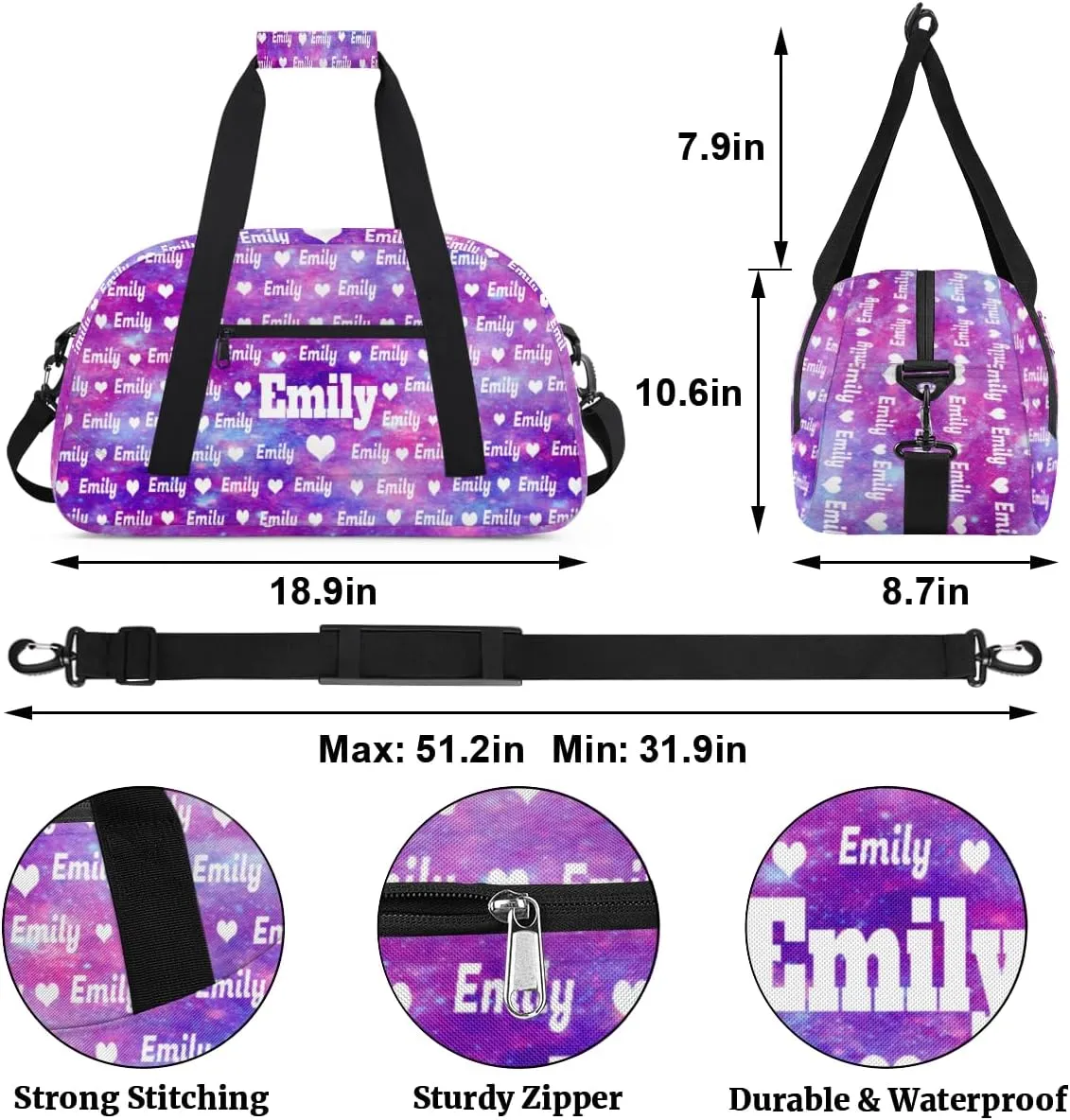 Custom Gym Dance Bag for Girls, Personalized Sports Bag for Teens Girls Waterproof Weekender Carry Practice Travel Bag, Watercolor Purple Galaxy Universe