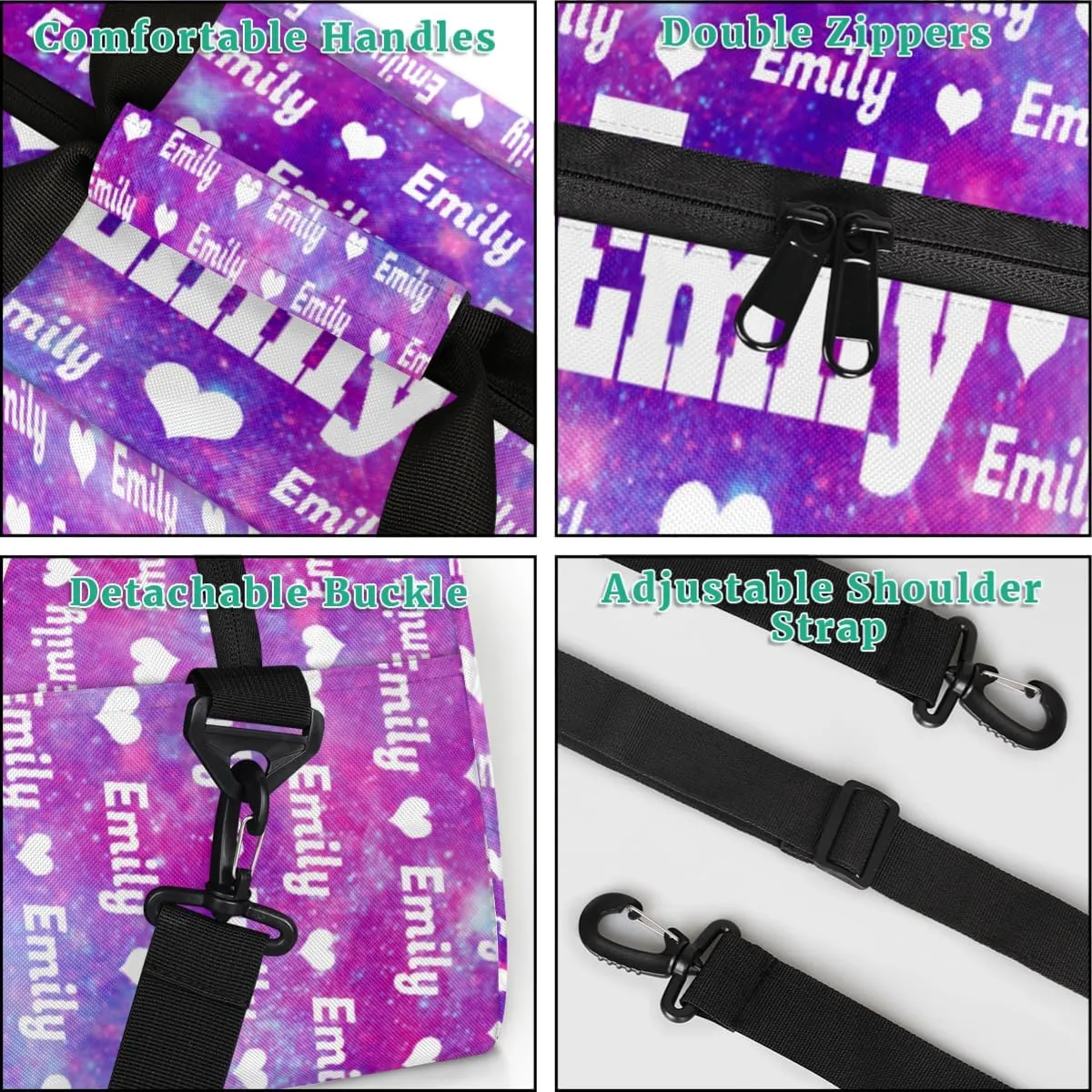 Custom Gym Dance Bag for Girls, Personalized Sports Bag for Teens Girls Waterproof Weekender Carry Practice Travel Bag, Watercolor Purple Galaxy Universe