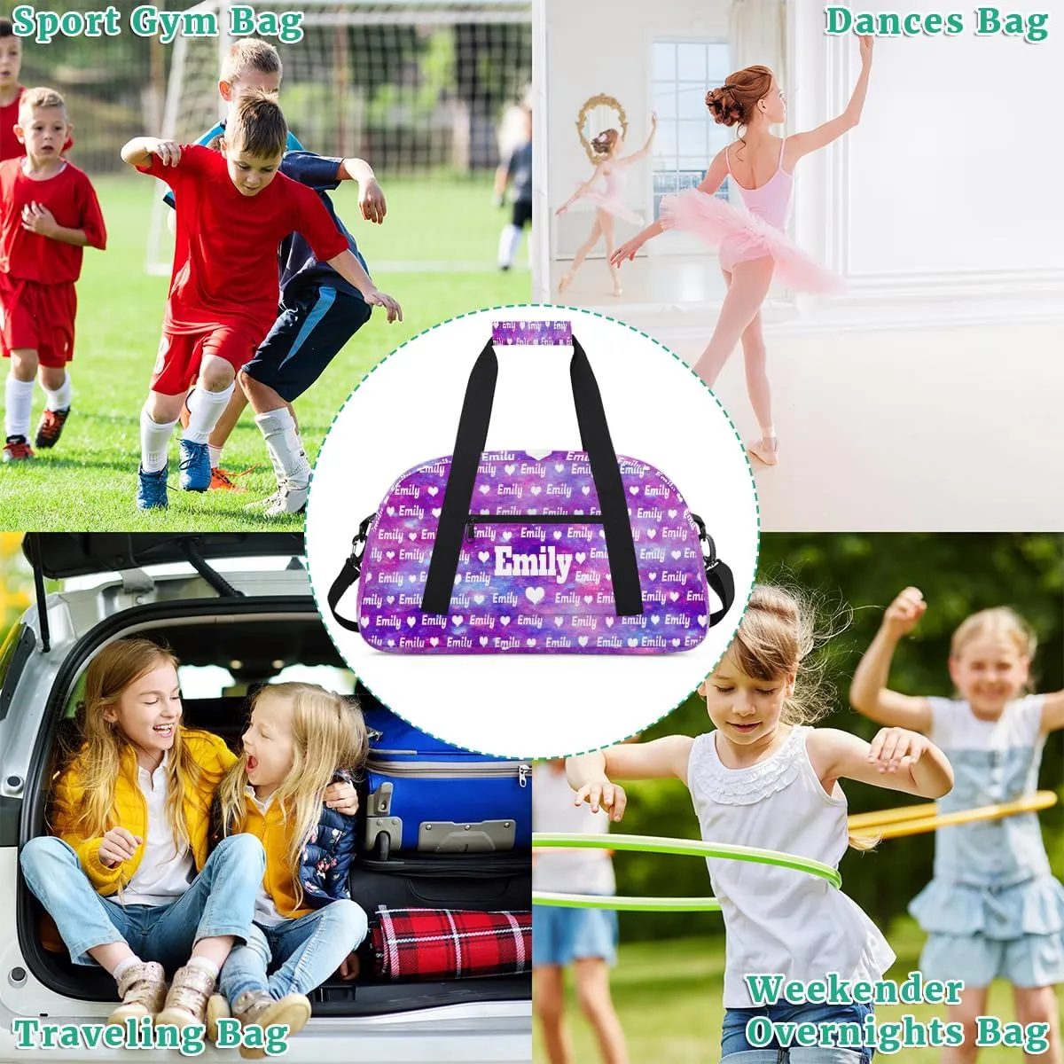 Custom Gym Dance Bag for Girls, Personalized Sports Bag for Teens Girls Waterproof Weekender Carry Practice Travel Bag, Watercolor Purple Galaxy Universe