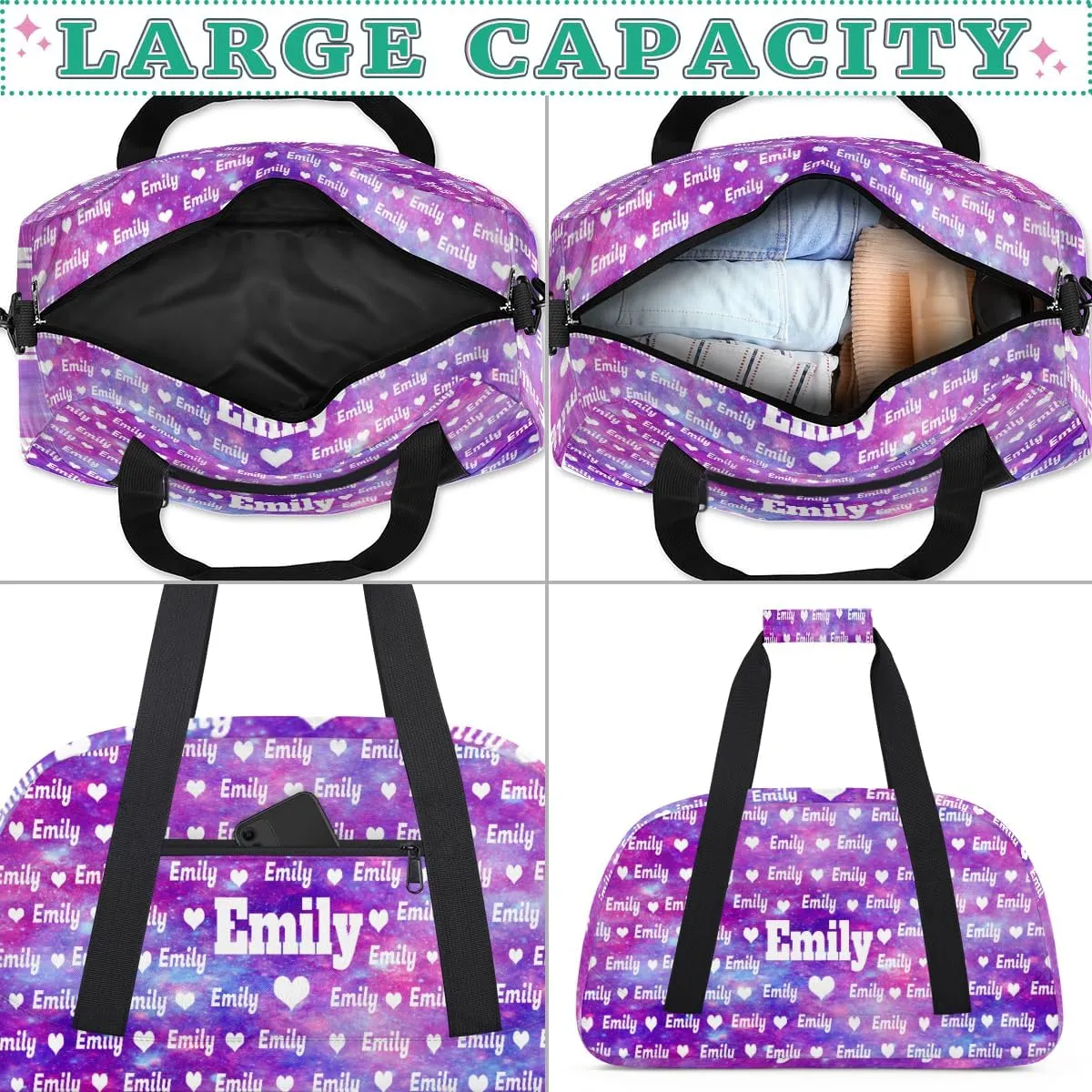 Custom Gym Dance Bag for Girls, Personalized Sports Bag for Teens Girls Waterproof Weekender Carry Practice Travel Bag, Watercolor Purple Galaxy Universe