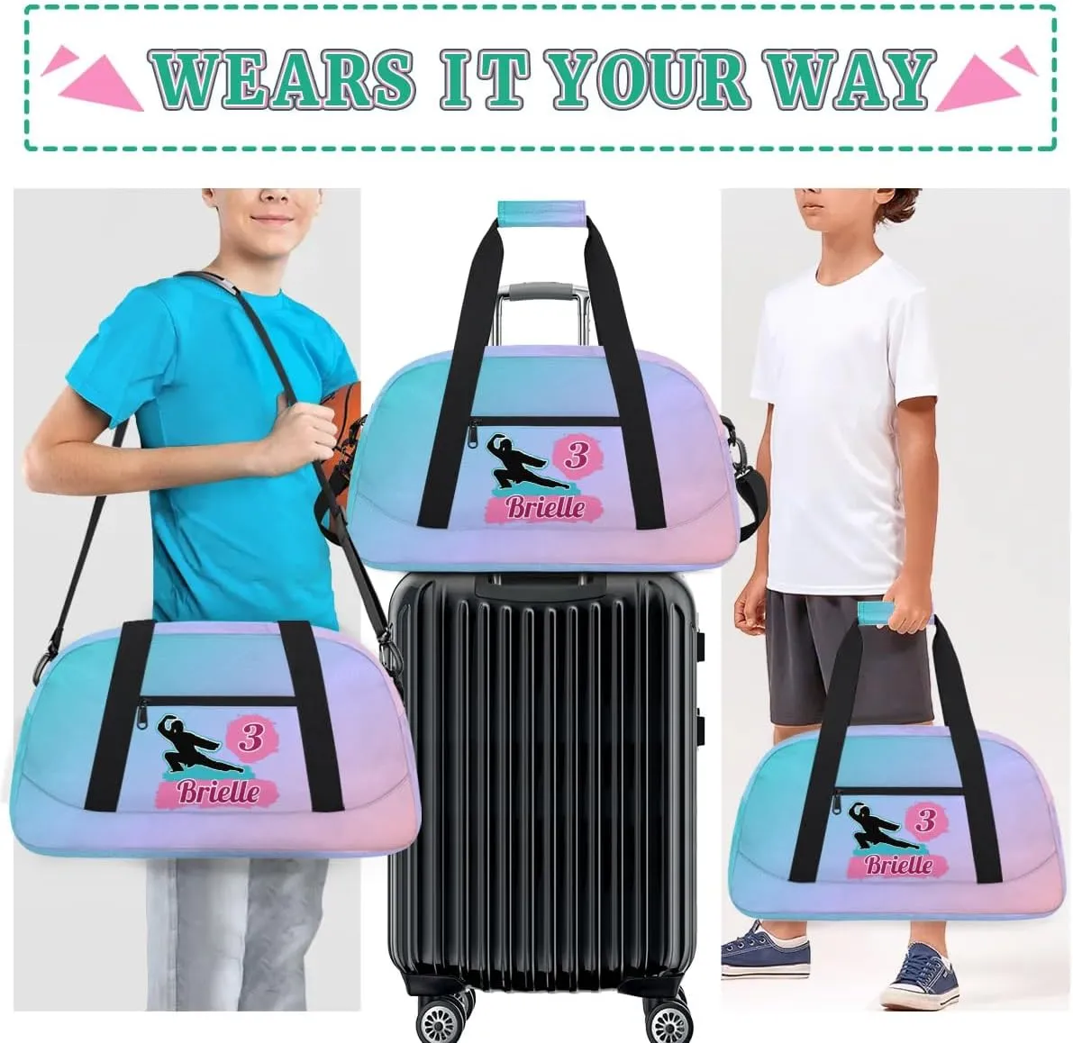 Custom Karate Sports Gym Bag for Girls Boys, Overnight Duffel Bags Cheerleader for Kids Personalized Dance Bag, Gymnastics Duffel Bag - Taekwondo
